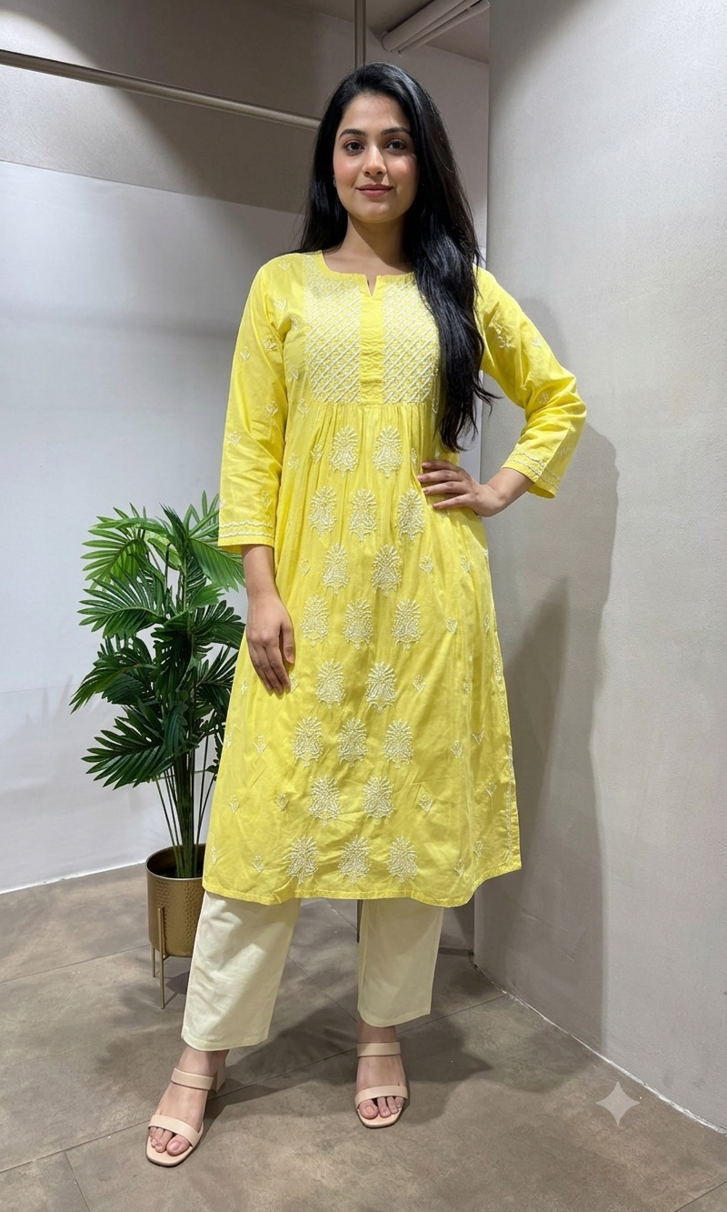 Yellow Chikankari Embroidered Kurti Set