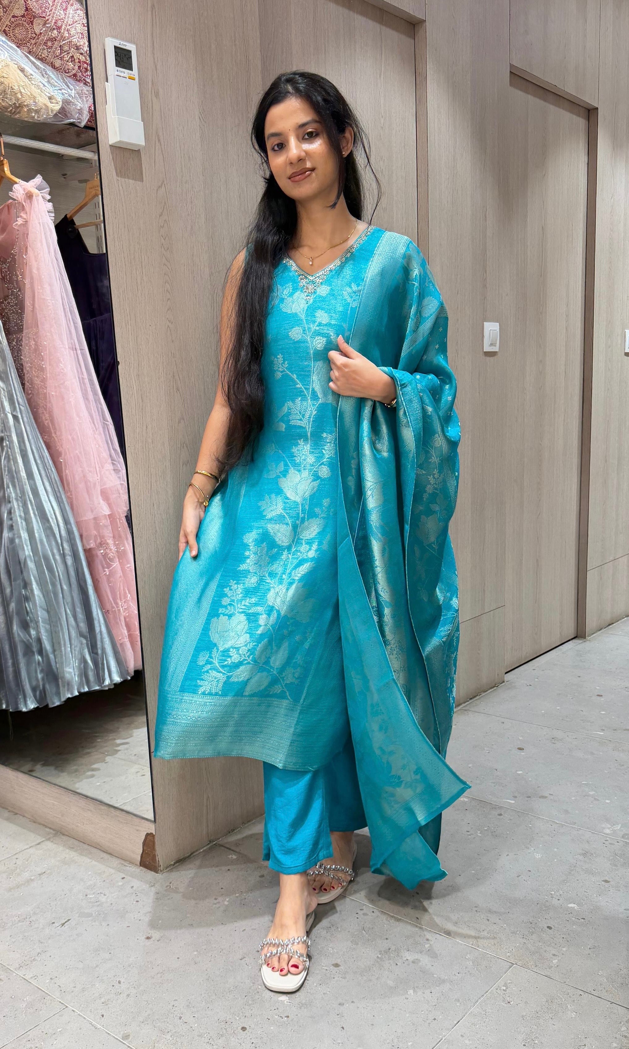 Rama blue banarasi kurta set with dupatta