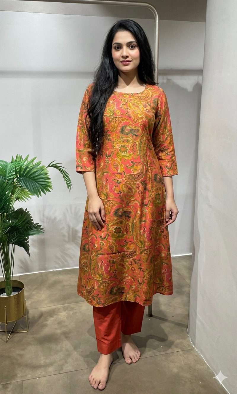 Rust floral printed A-line kurti with bottom