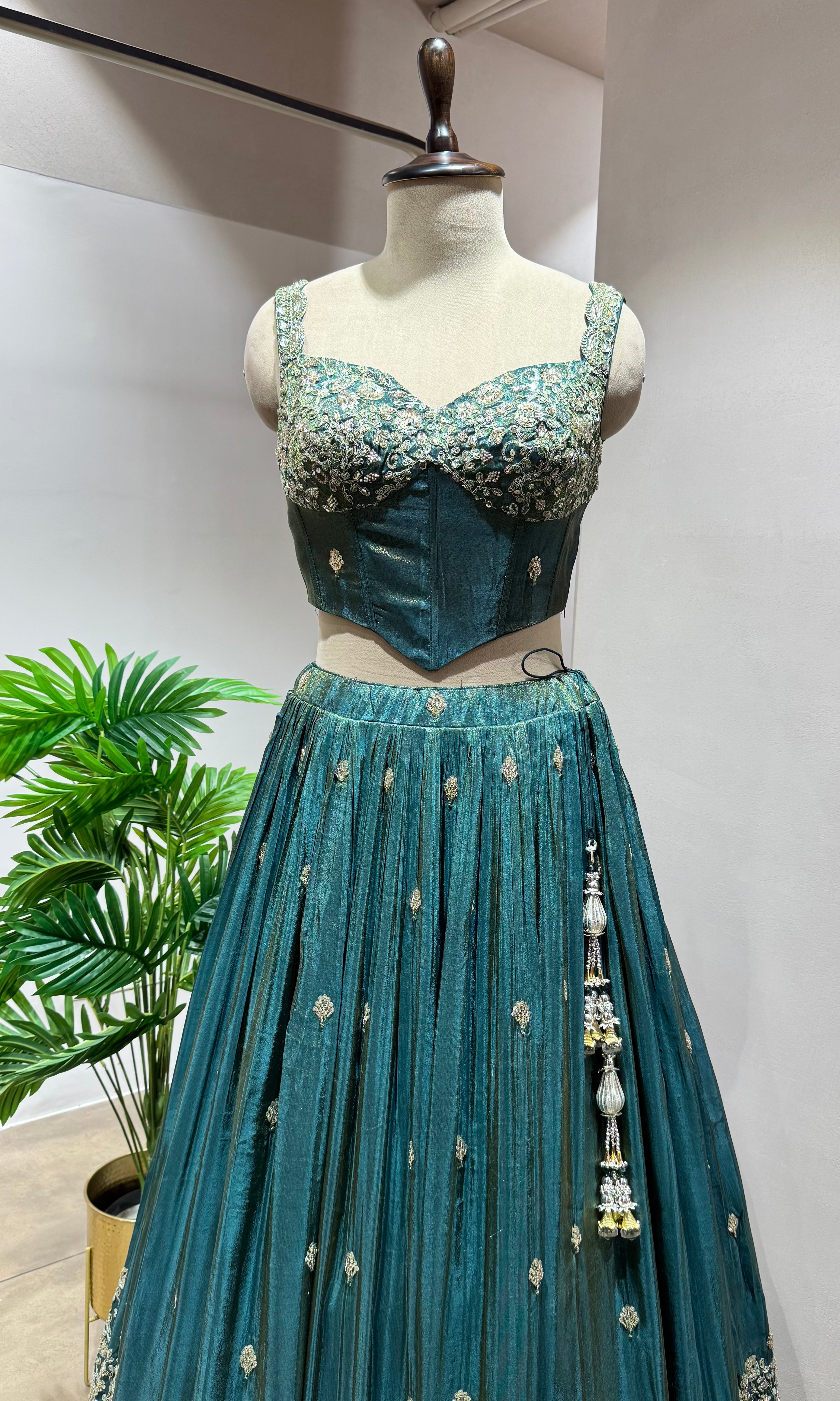 Green EMBROIDERED Lehenga with Embellished Corset Blouse