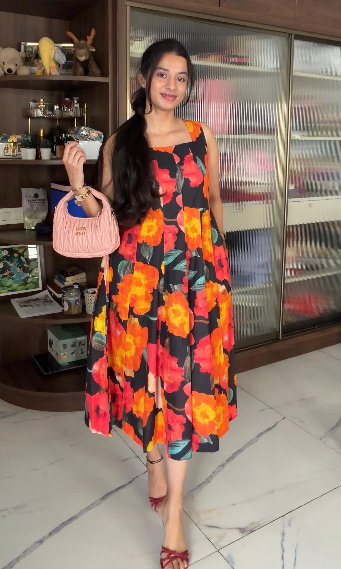 Orange and Black floral linen cotton dress