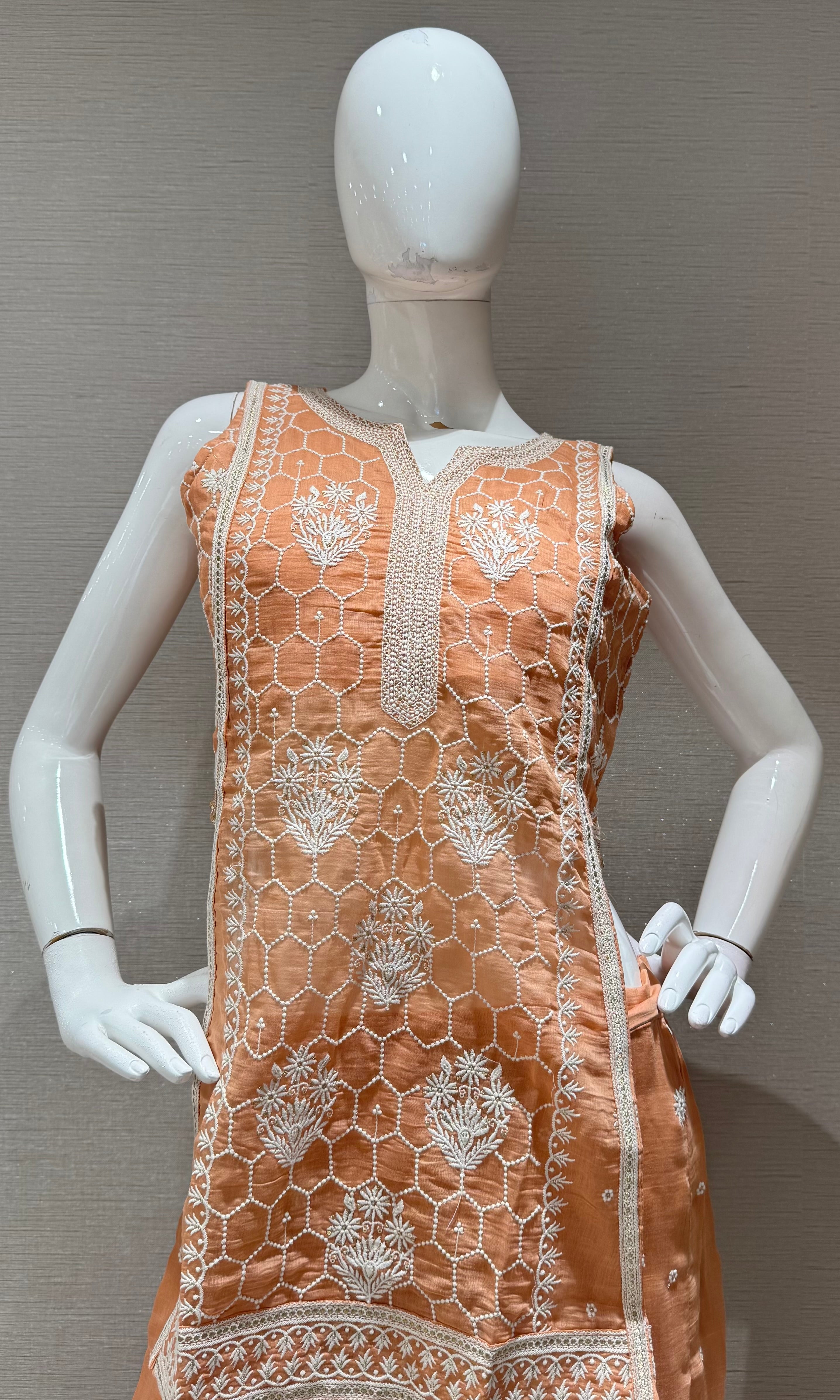Peach Floral Embroidered Palazzo with Sheer Dupatta