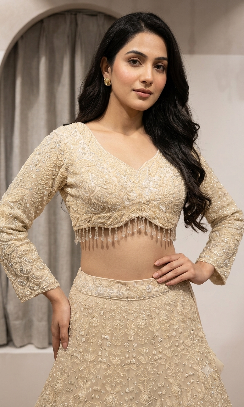 Cream Crystal bridal lehenga