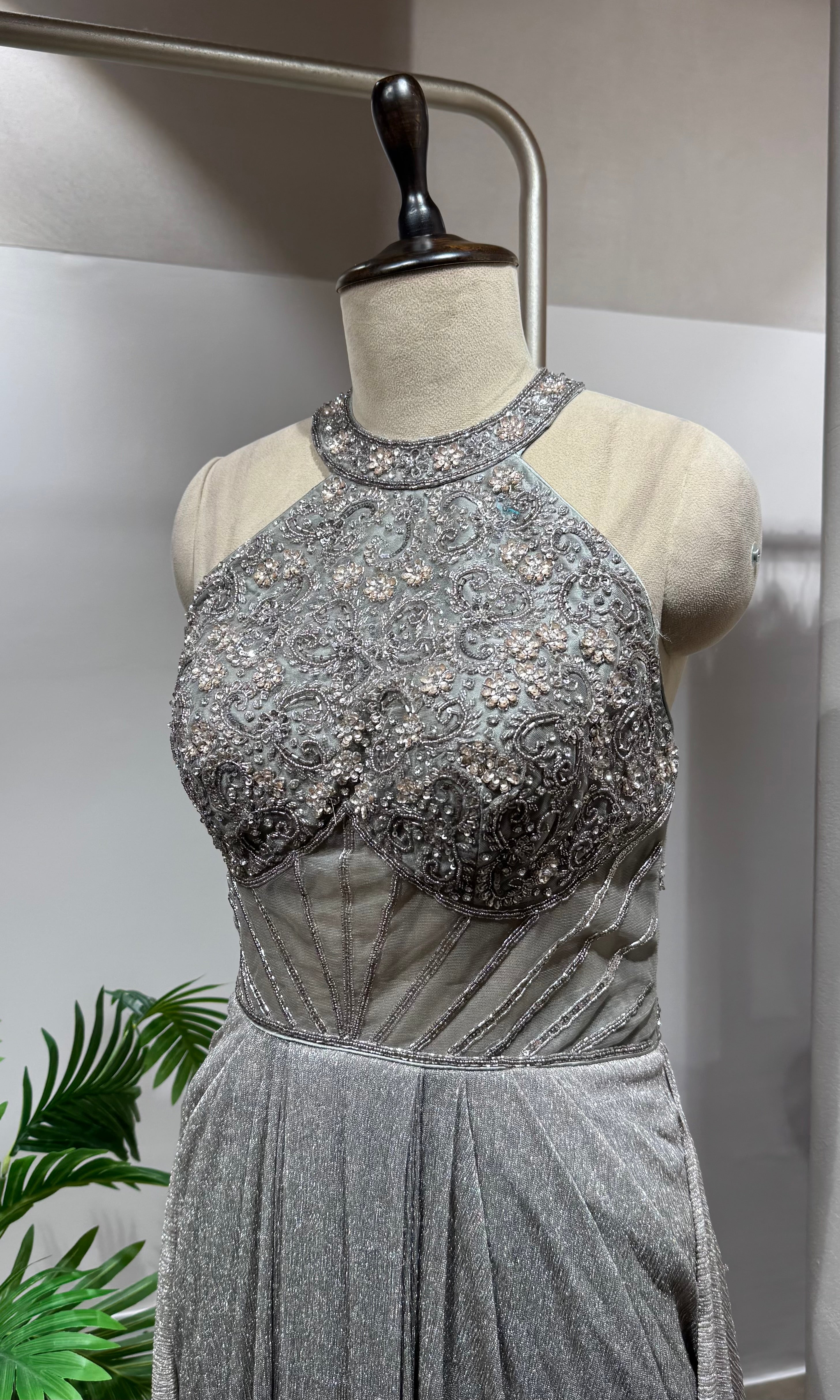 Grey Metallic Shimmer Halter Gown