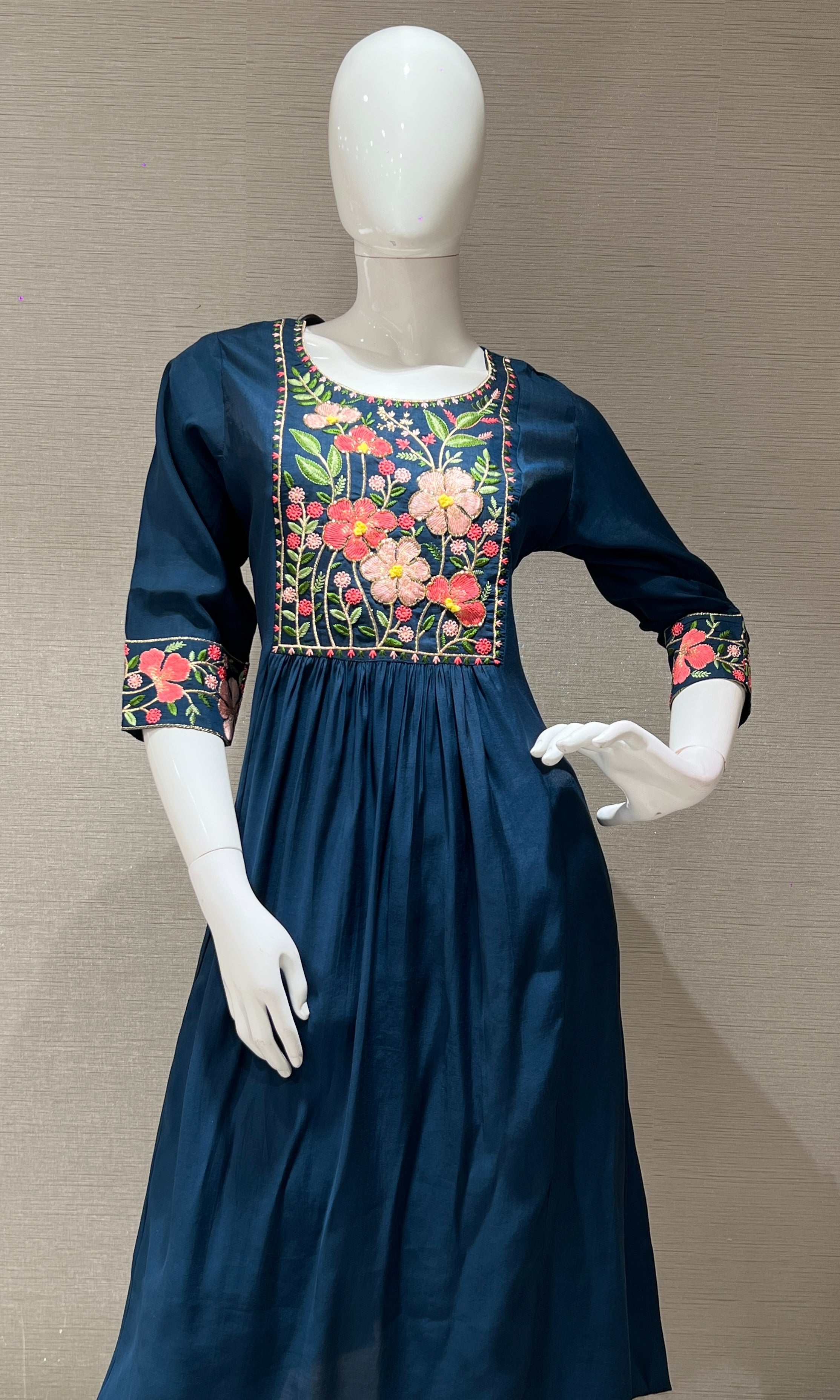 Blue Floral Embroidery Mul Chanderi kurta set