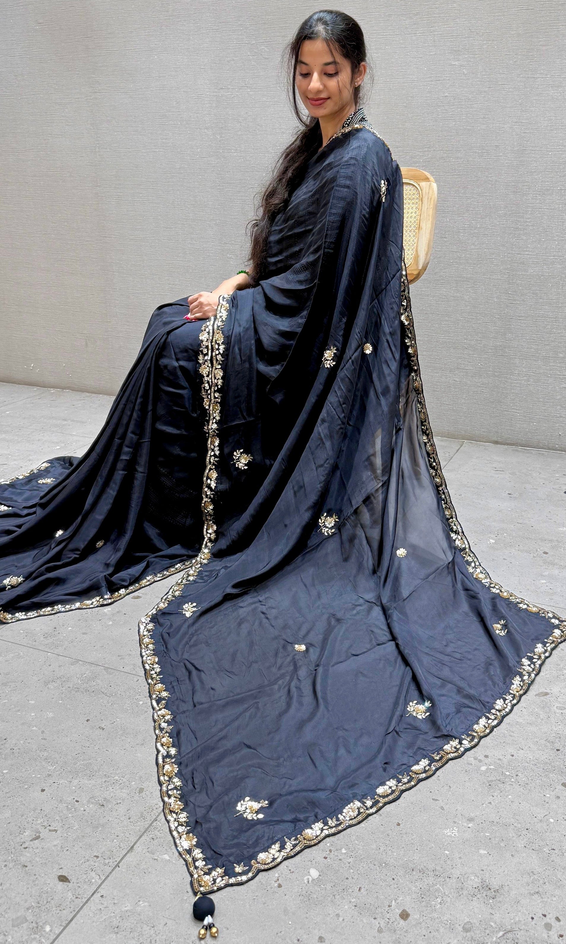 Black and gold saree with ready blouse