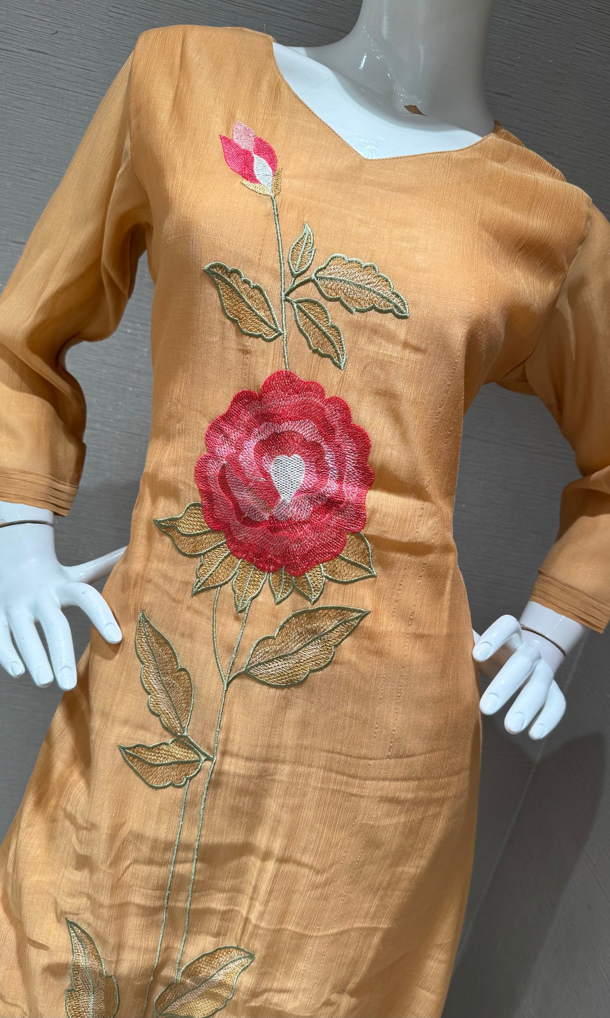 Peach cotton rose Floral Embroidery Kurta Set with Dupatta
