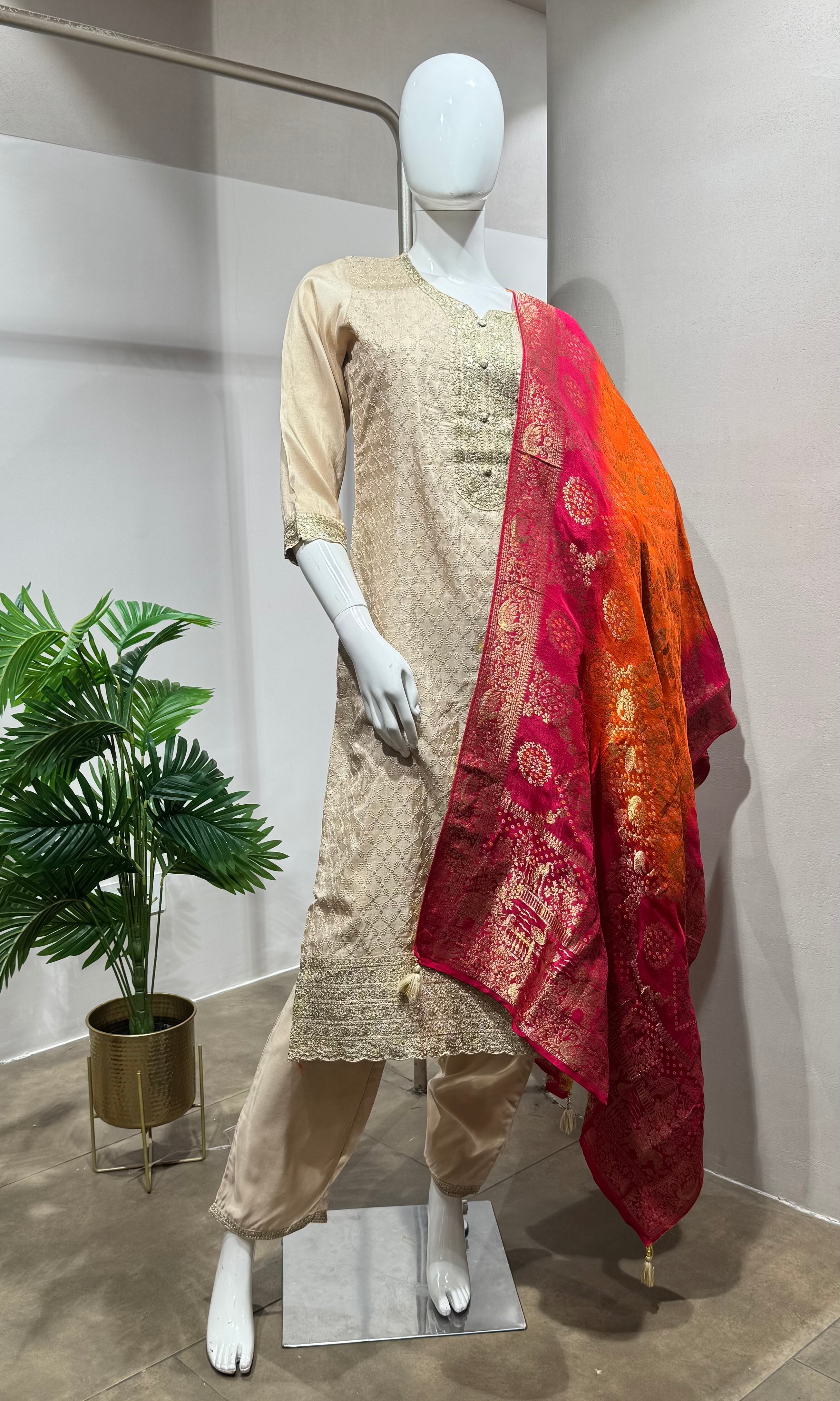 Ivory straight kurta set with contrast dupatta