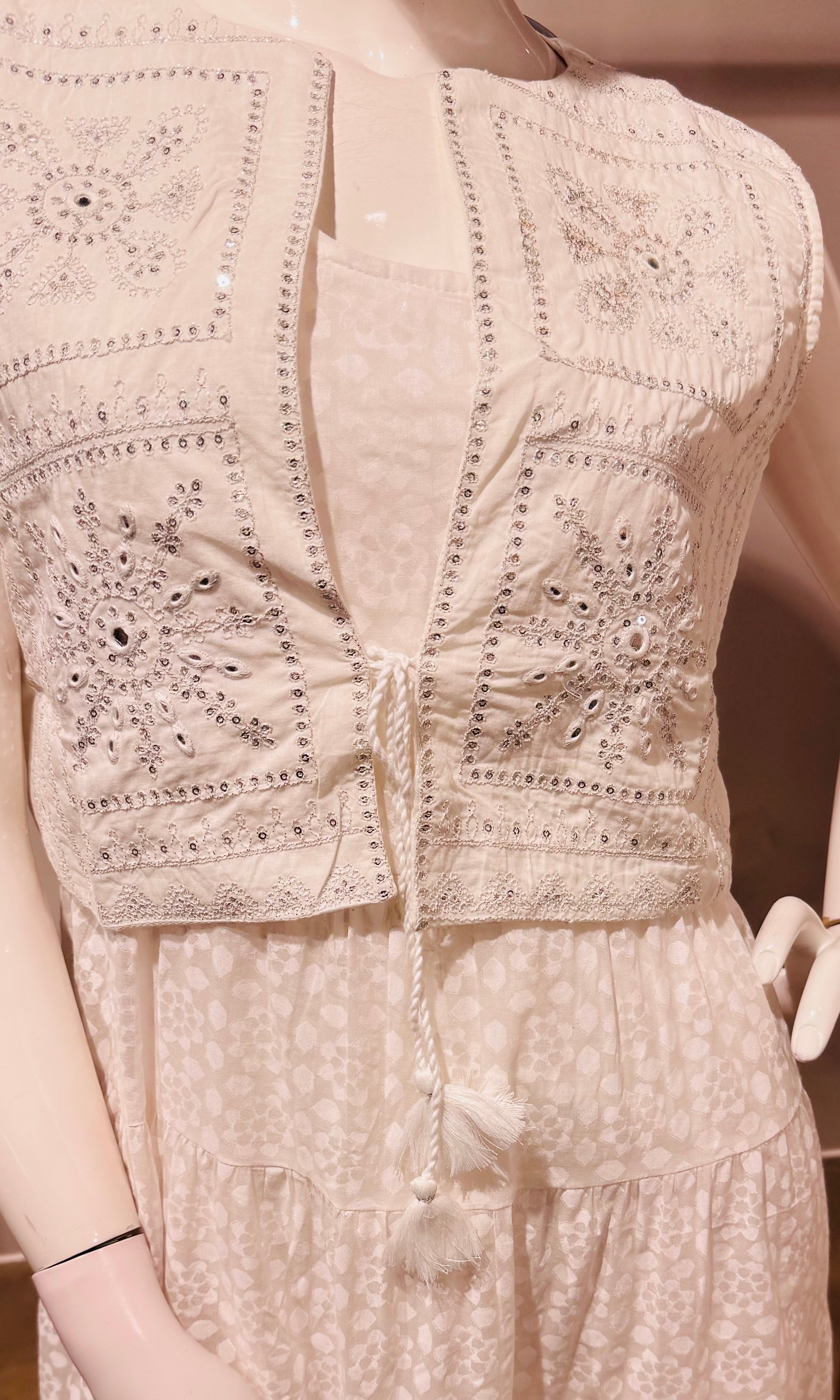 White Chikankari Embroidered frock with Cropped Jacket