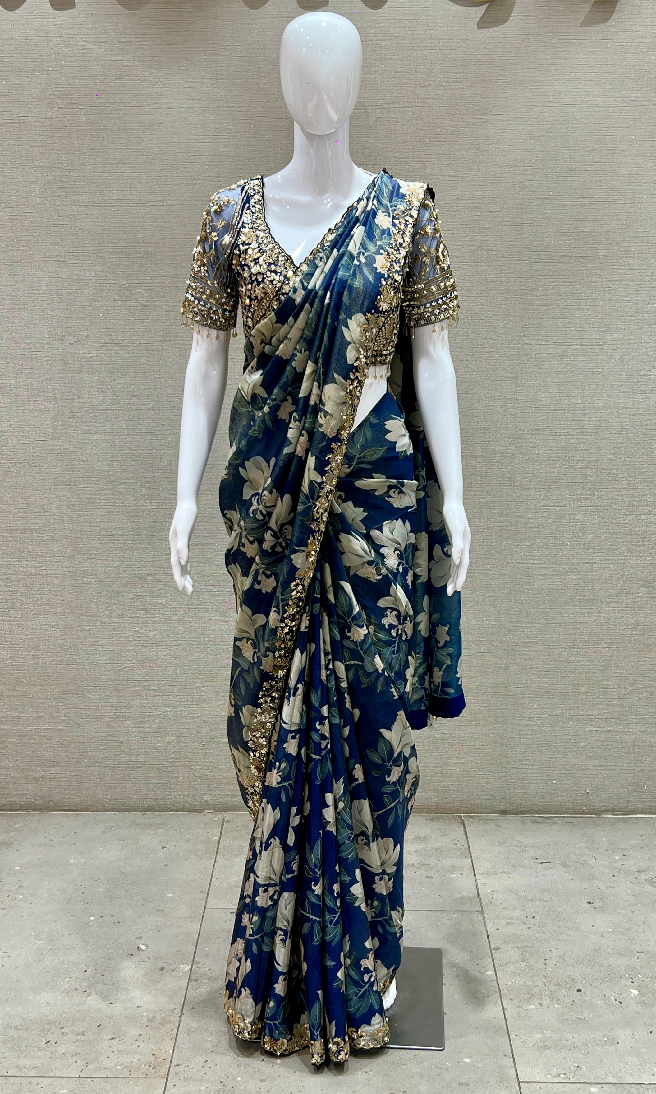 Blue saree with ready blouse