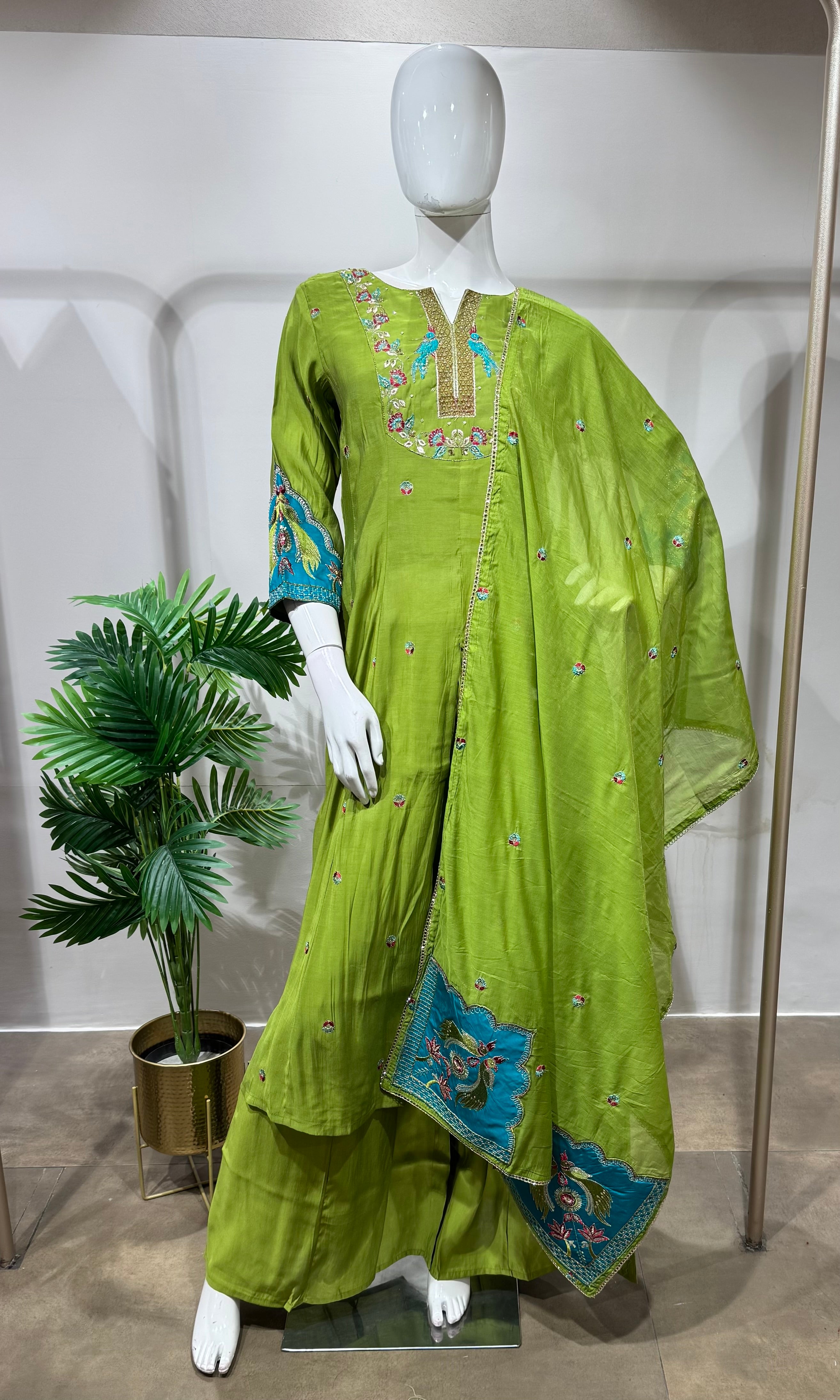 Green embroidered anarkali with palazzo pants
