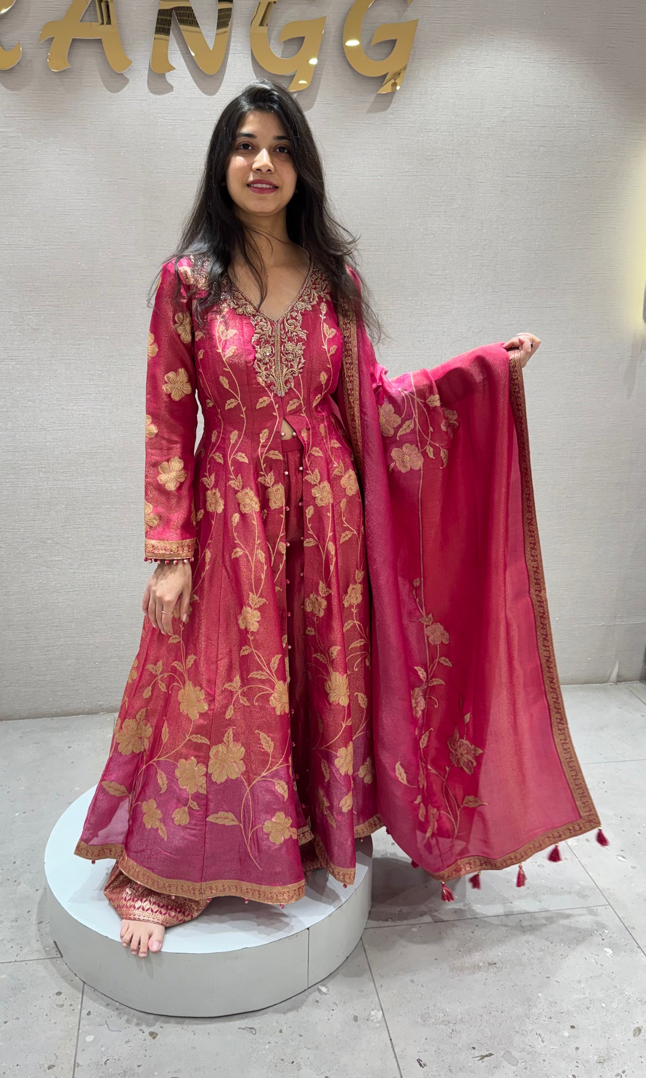 Pink GOLDEN FLORAL EMBROIDERY ANARKALI SET