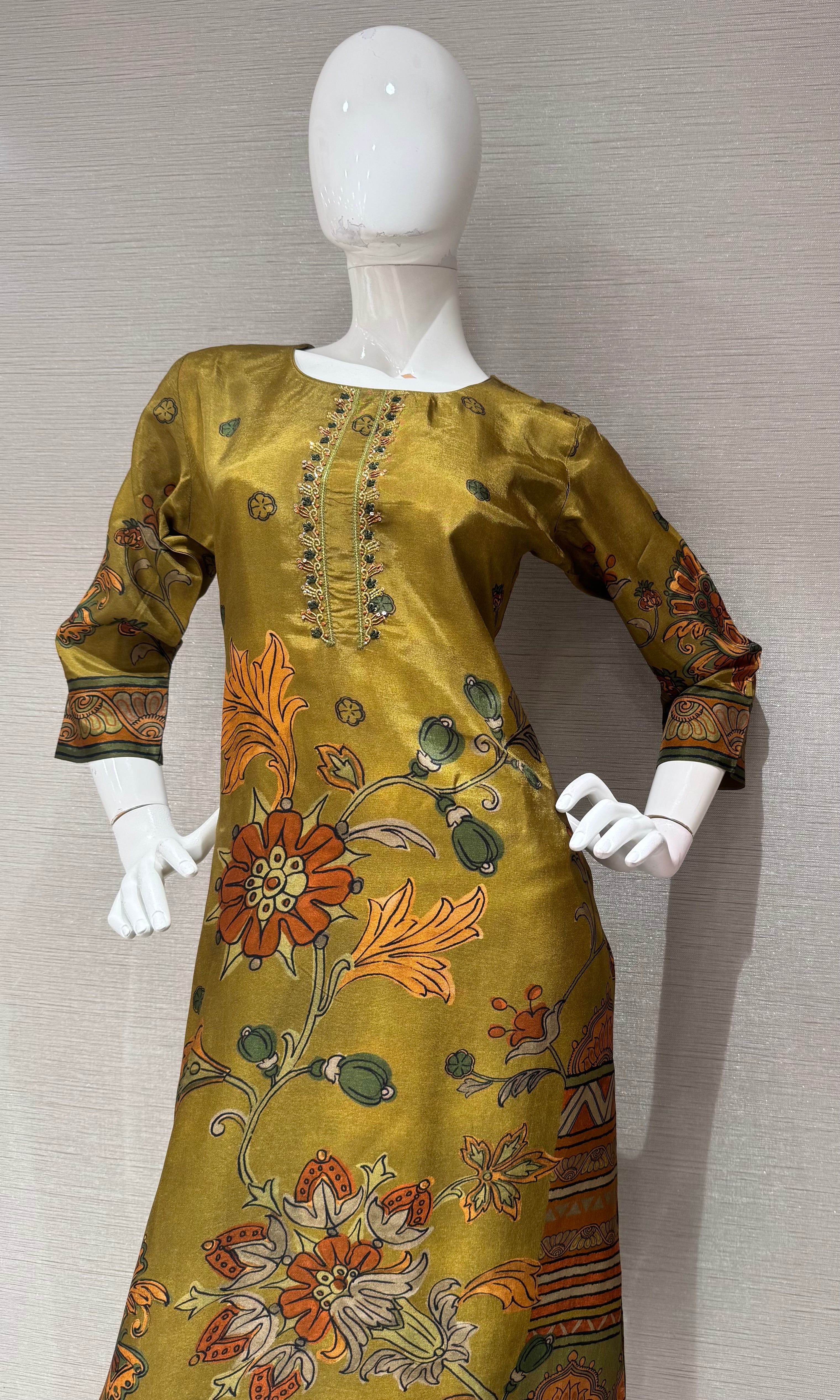 Mustard Green Floral Motif Kurta Top