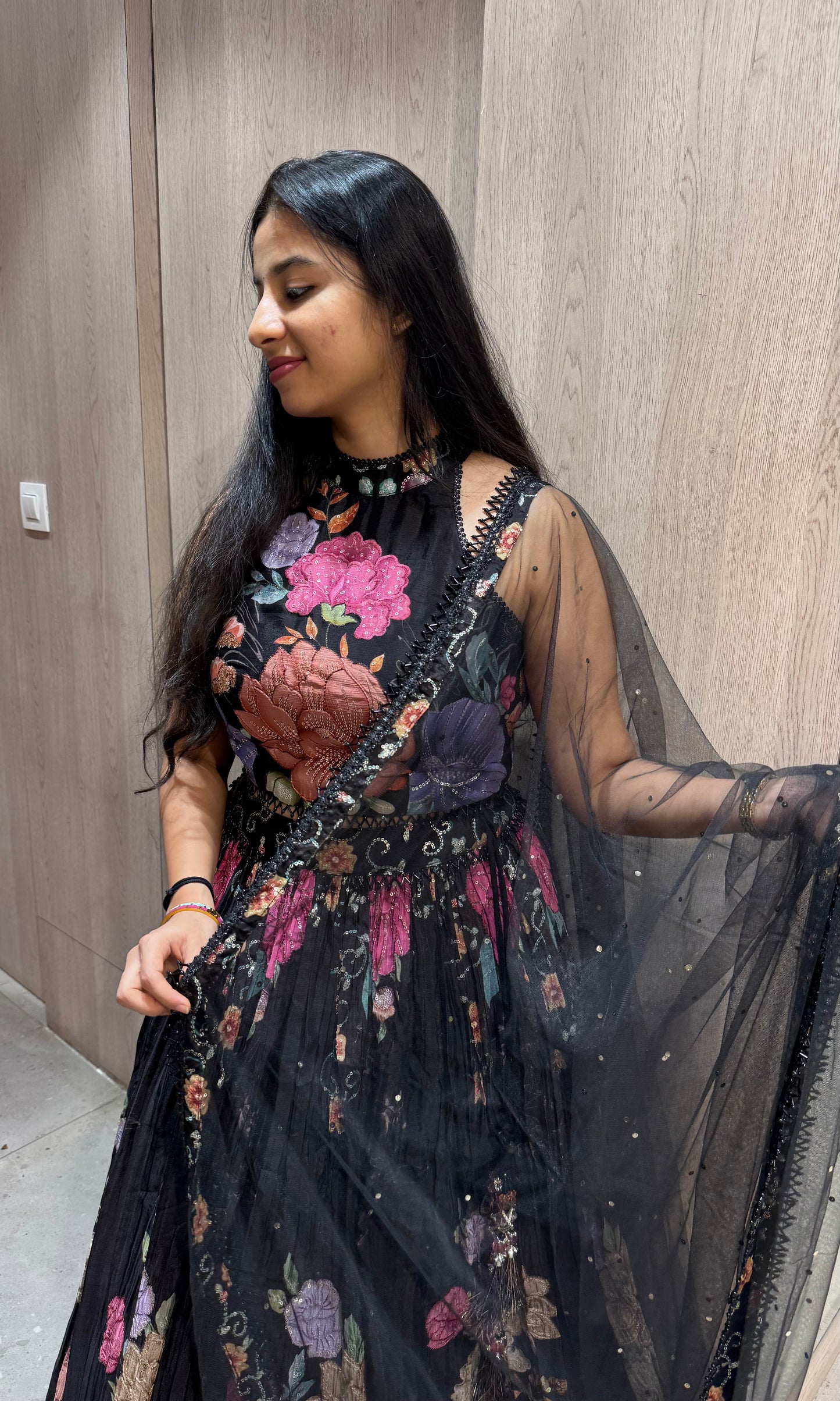 Black lehenga floral embossed design