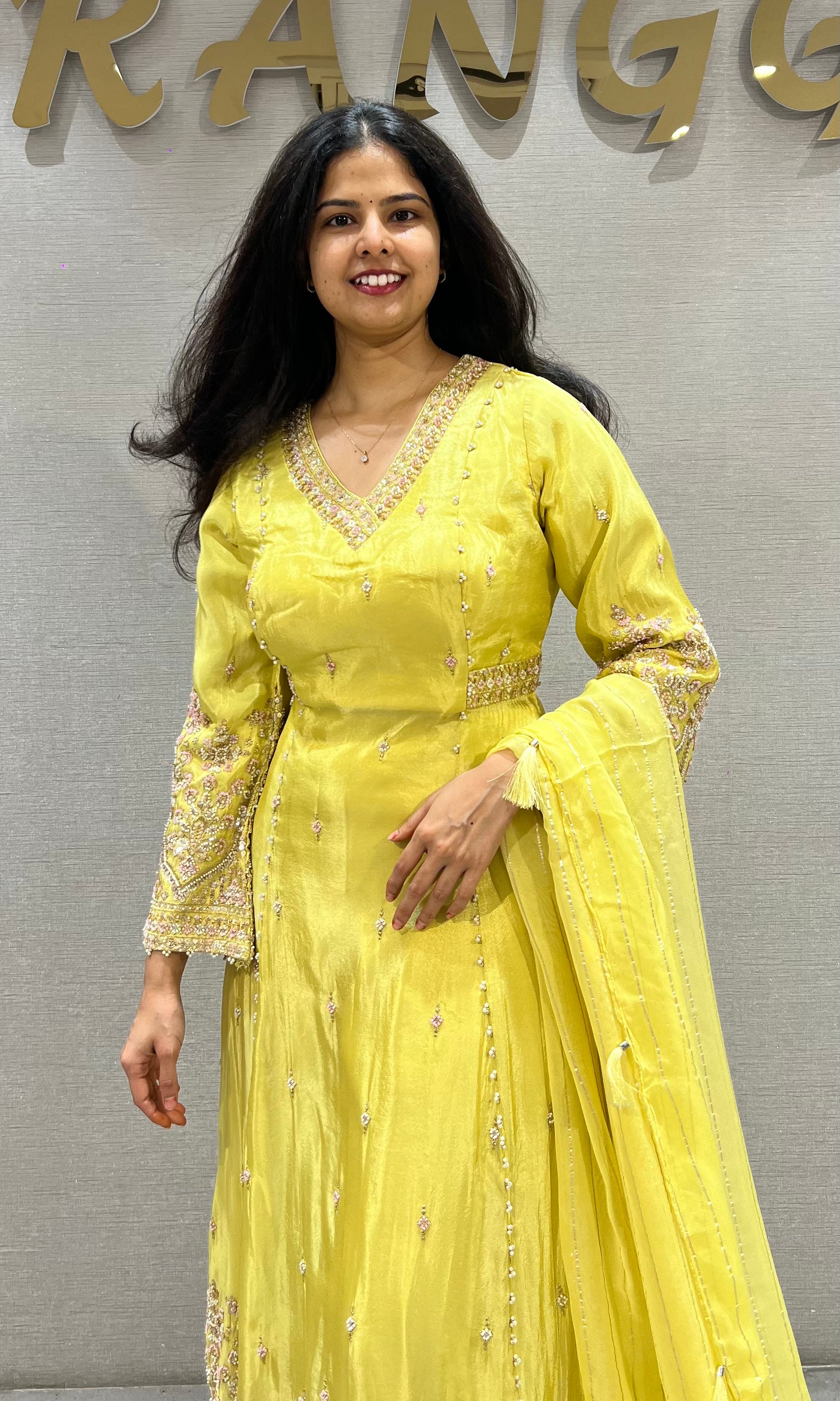 Yellow Shimmer silk Golden Zari Ethnic Naira cut palazzo set