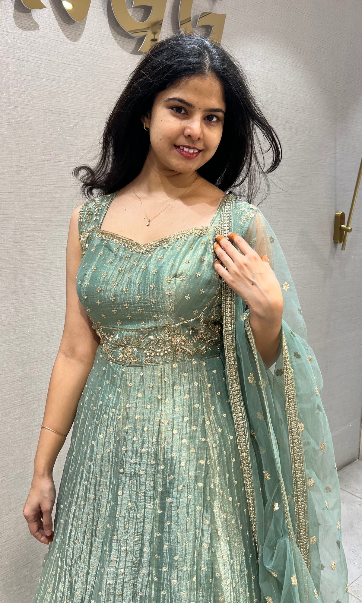 Mint Green shimmer Anarkali with Sheer Dupatta