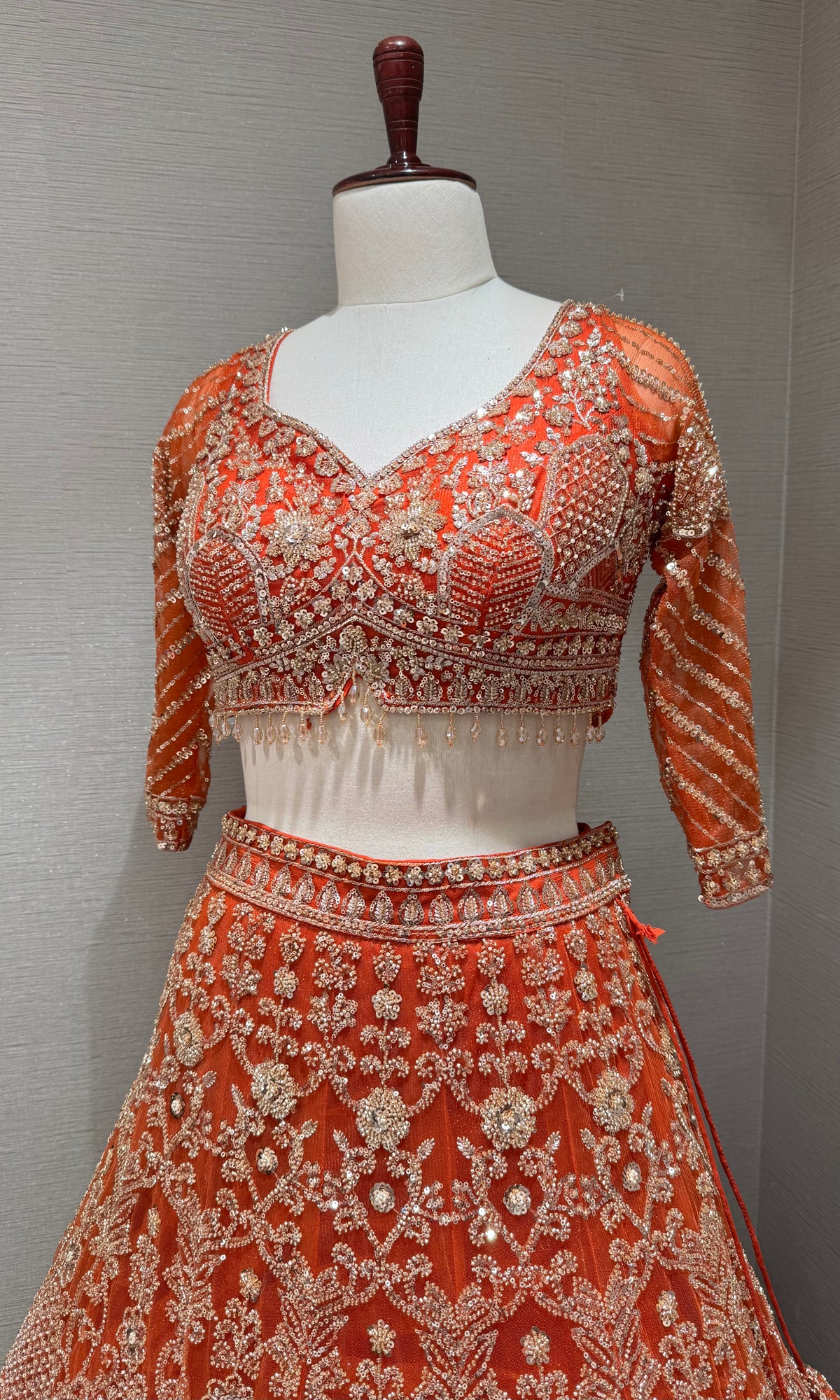 Rust Orange Georgette Motif Bridal Lehenga Set