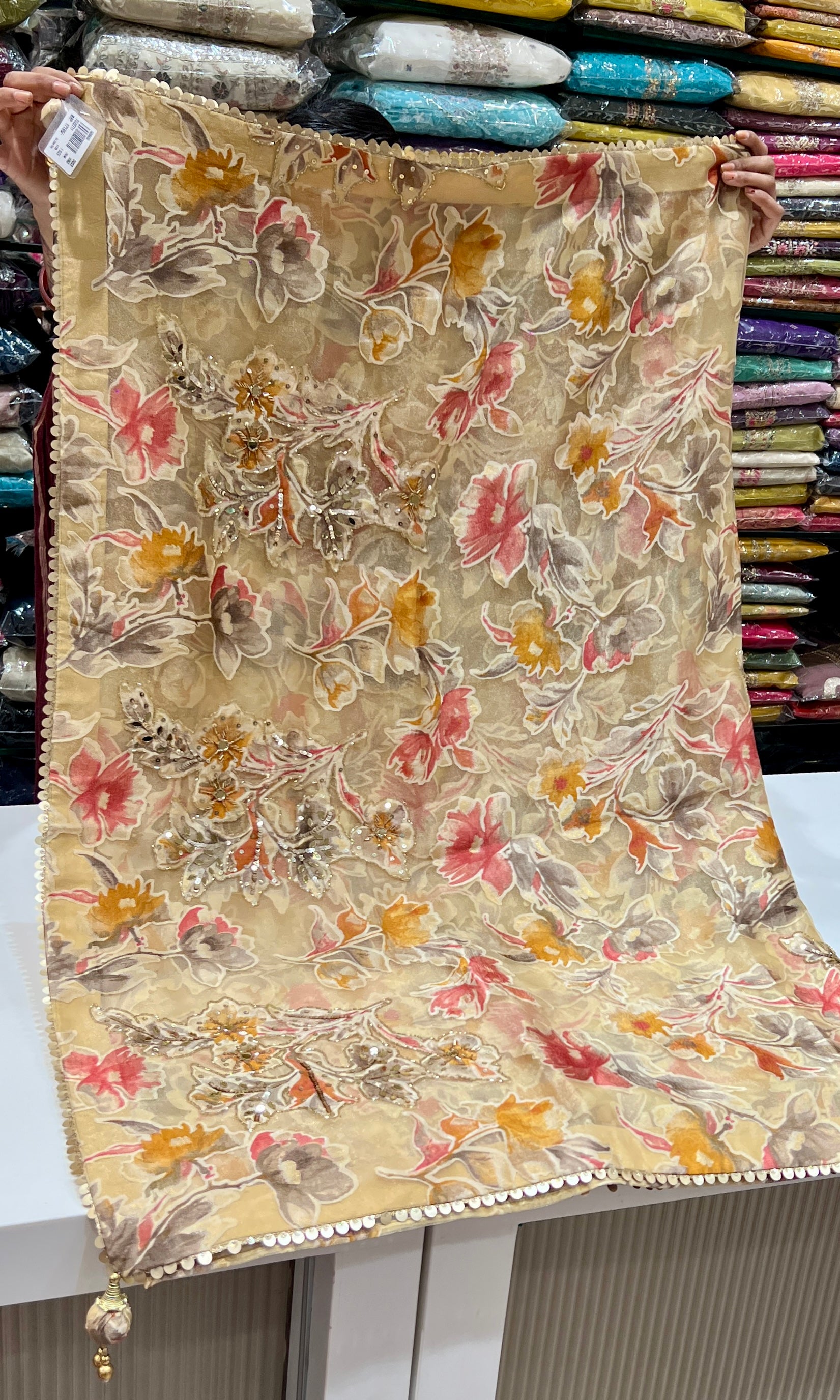Cream saree with ready blouse