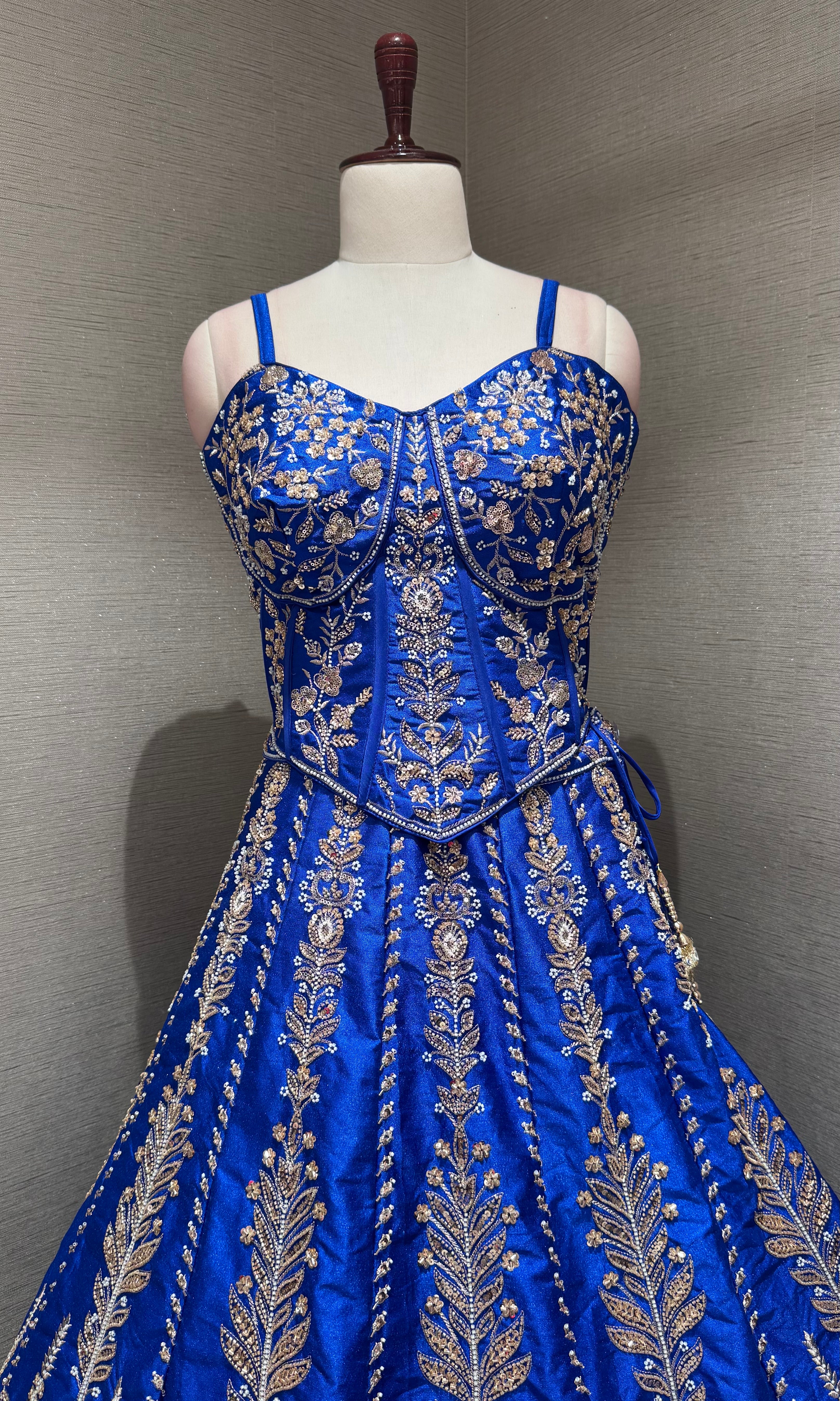 Royal blue embroidered peplum crop top lehenga