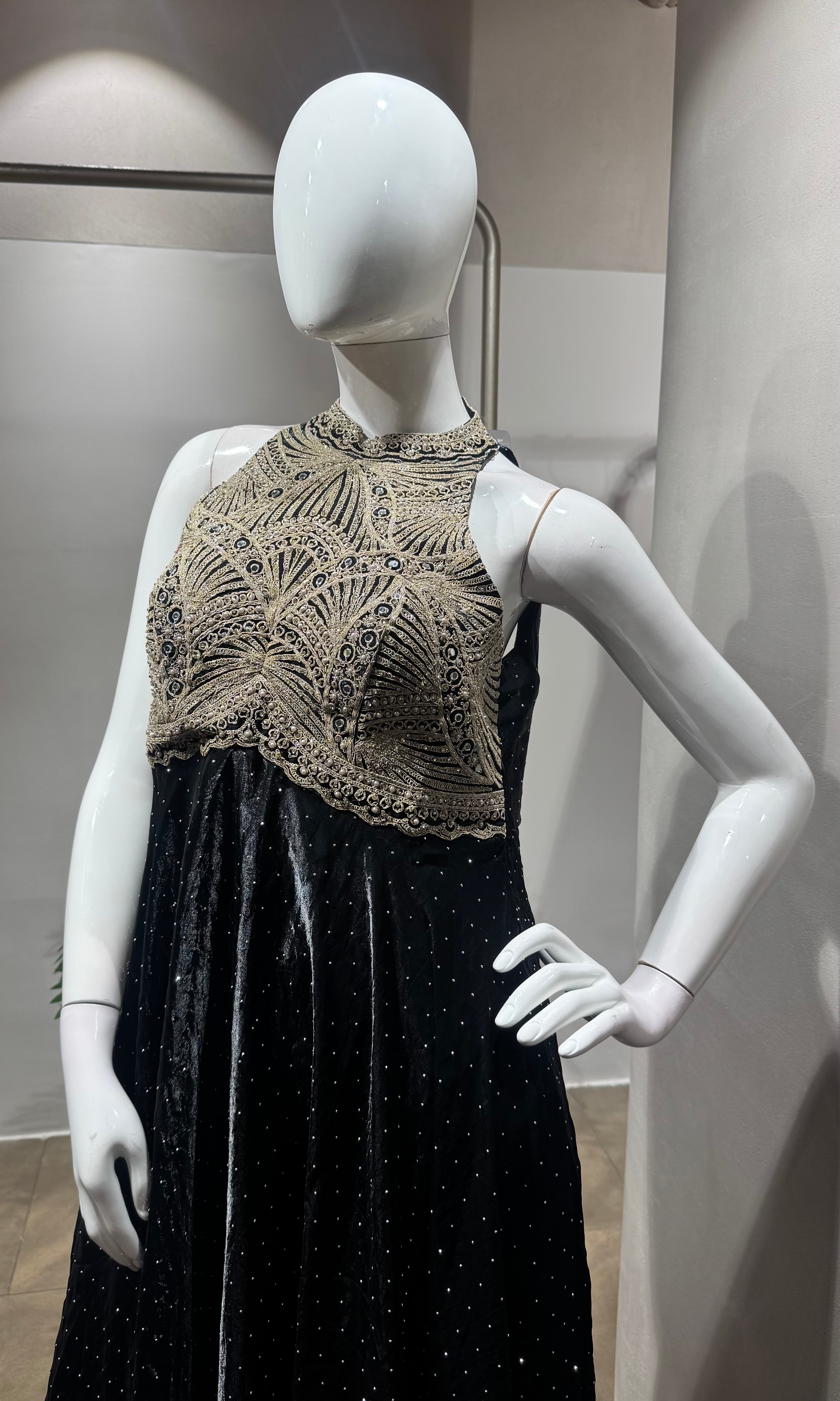 BLACK HALTER GOLDEN EMBROIDERED ANARKALI SET