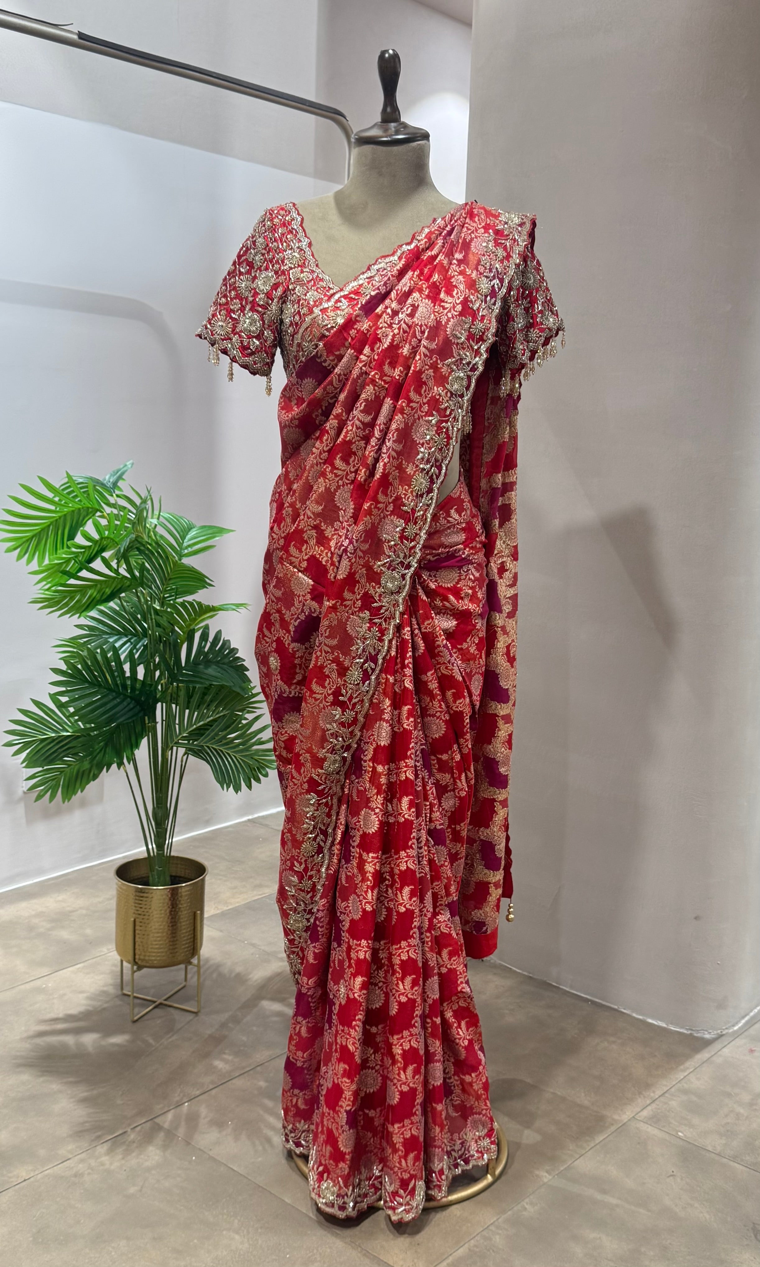 RED GOLD WORK BANARASI SILK SAREE WITH BLOUSE