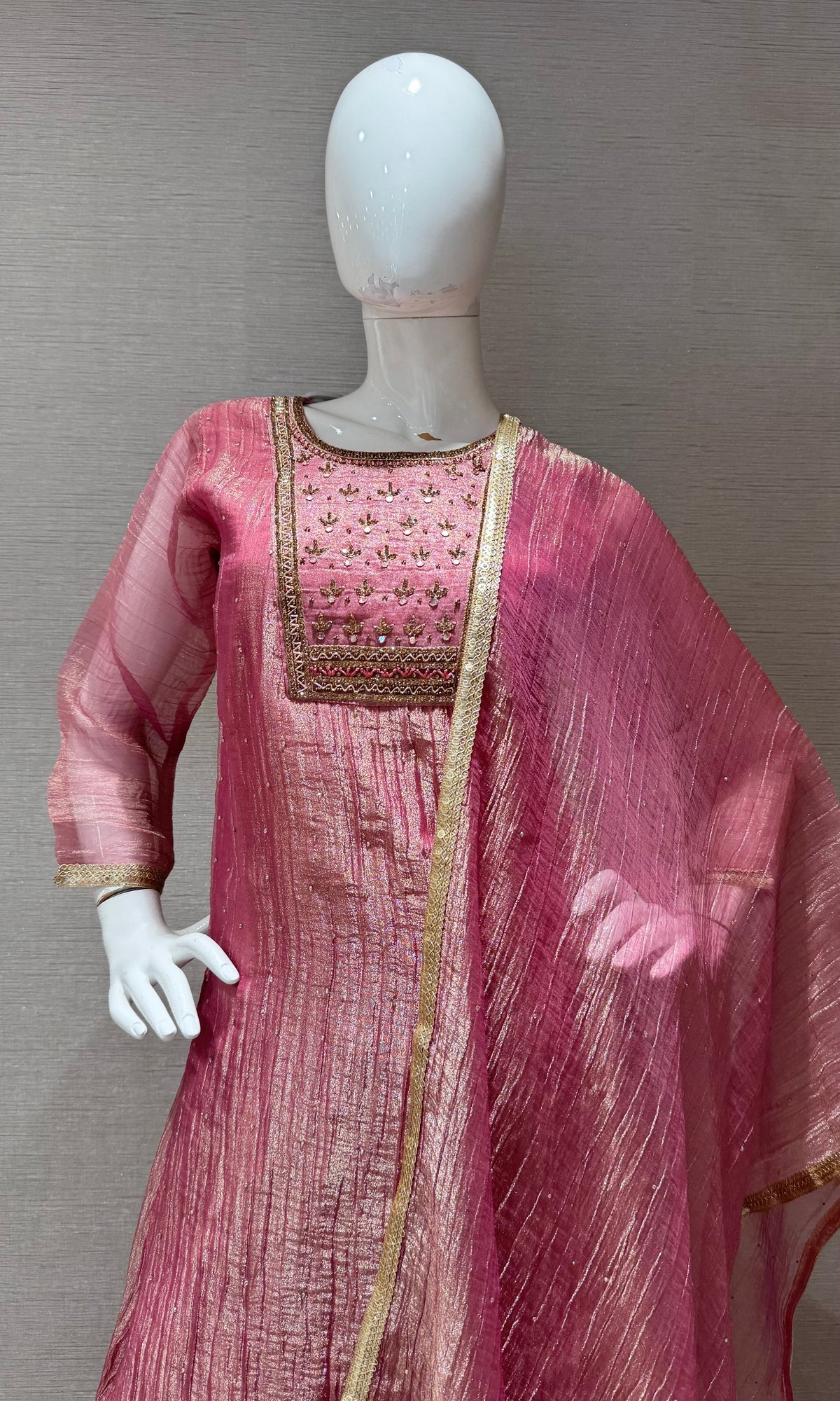 Onion Pink Tissue silk Salwar Kurta with Palazzo pants