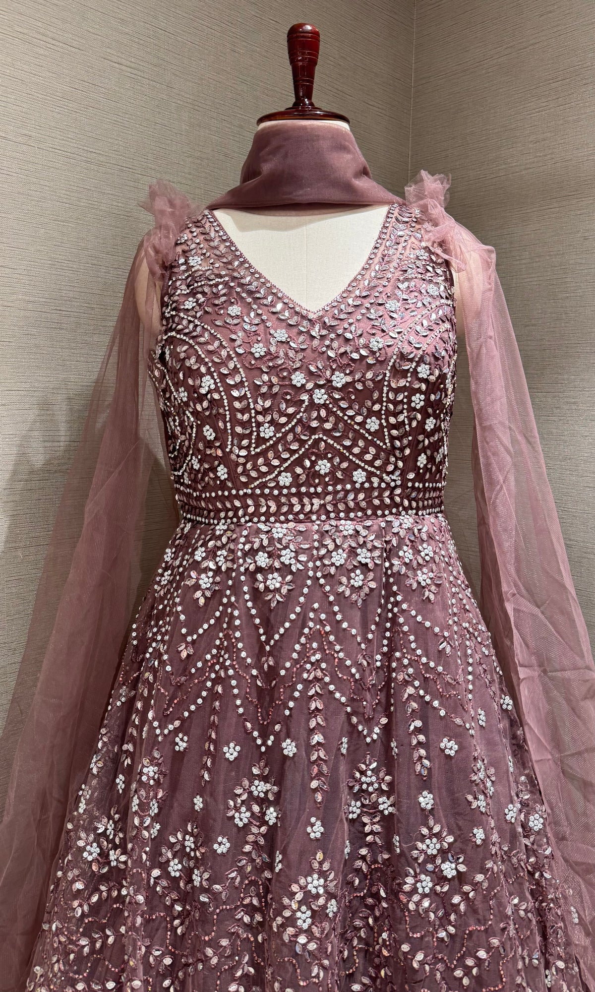 Mauve Embroidered Tulle Gown with Net Flare