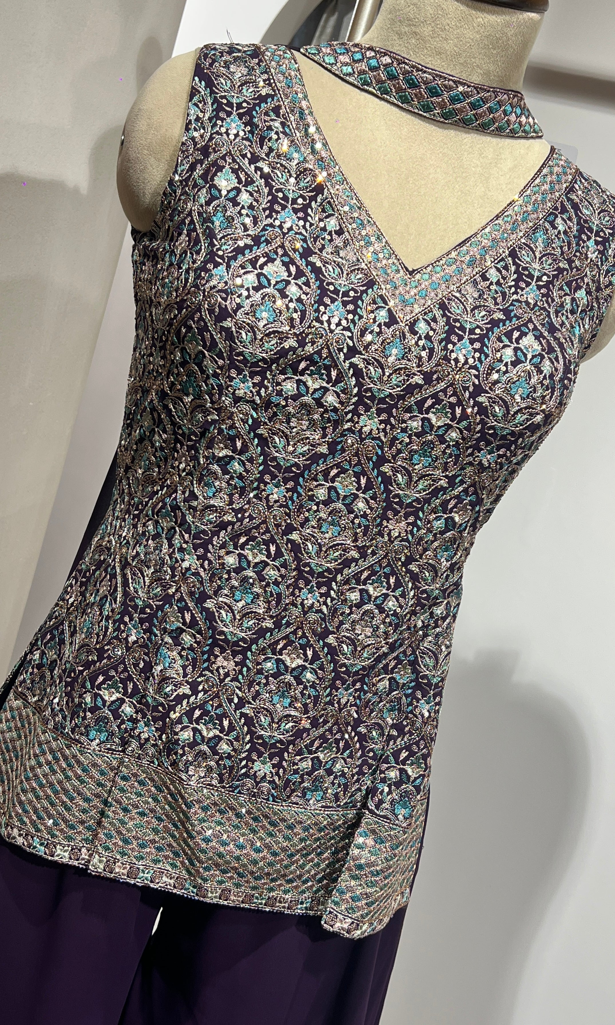 Wine EMBROIDERED PEPLUM PALAZZO SET