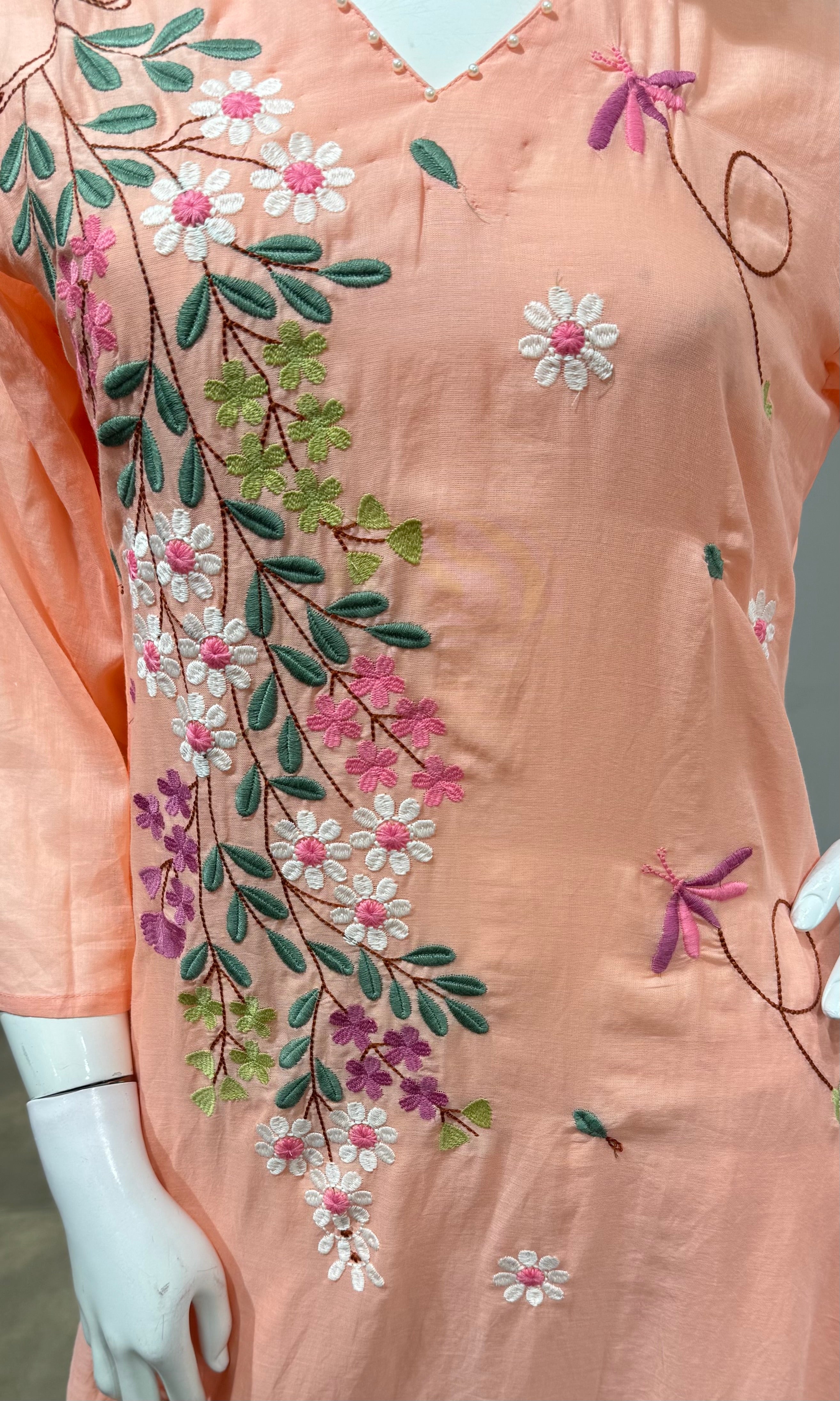 Peach Pastel Floral Embroidered Kurta Set with Dupatta