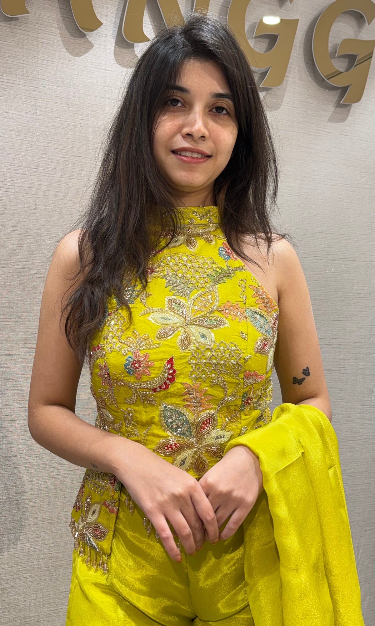 liril yellow silk embroidered halter top palazzo set with dupatta