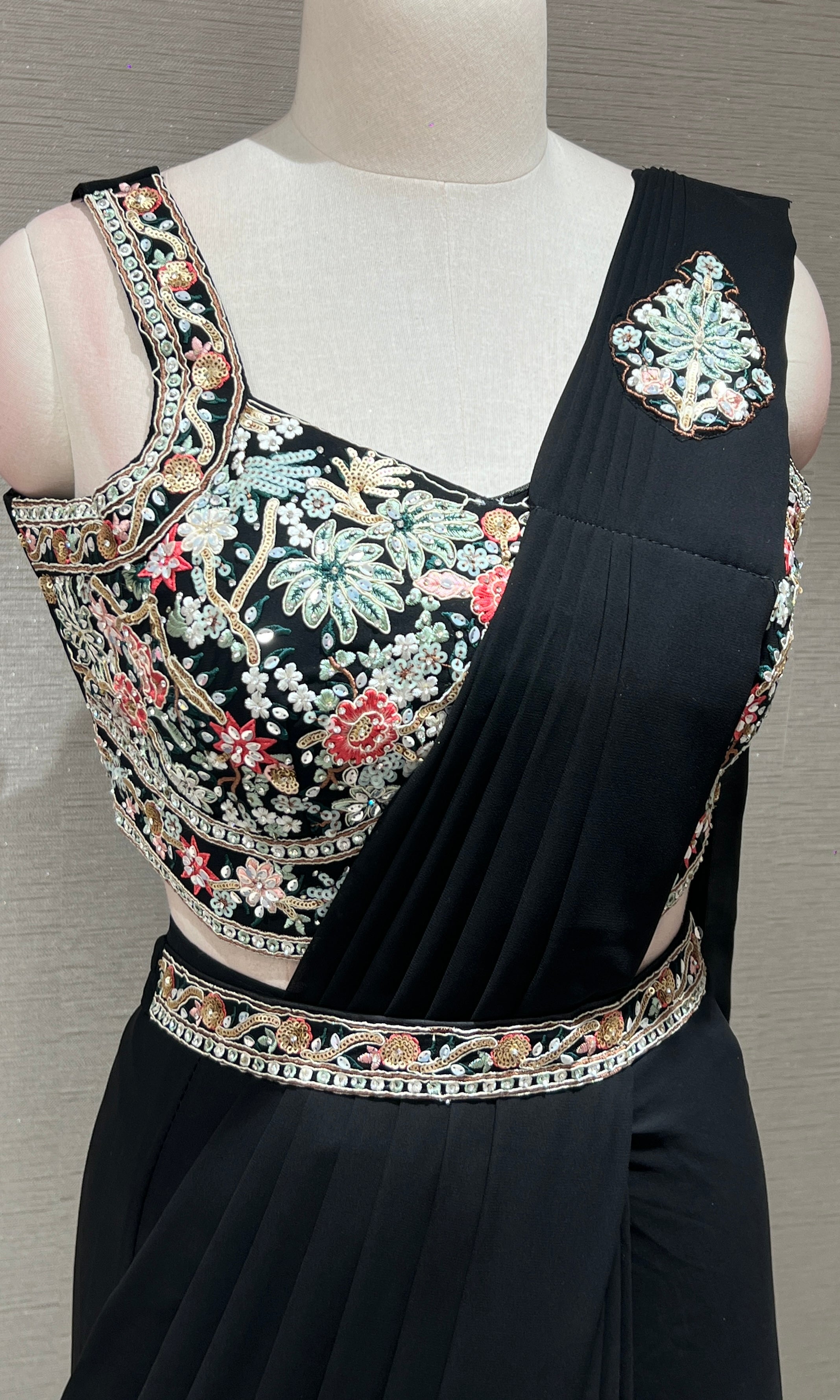 BLACK DRAPE SAREE WITH FLORAL BLOUSE