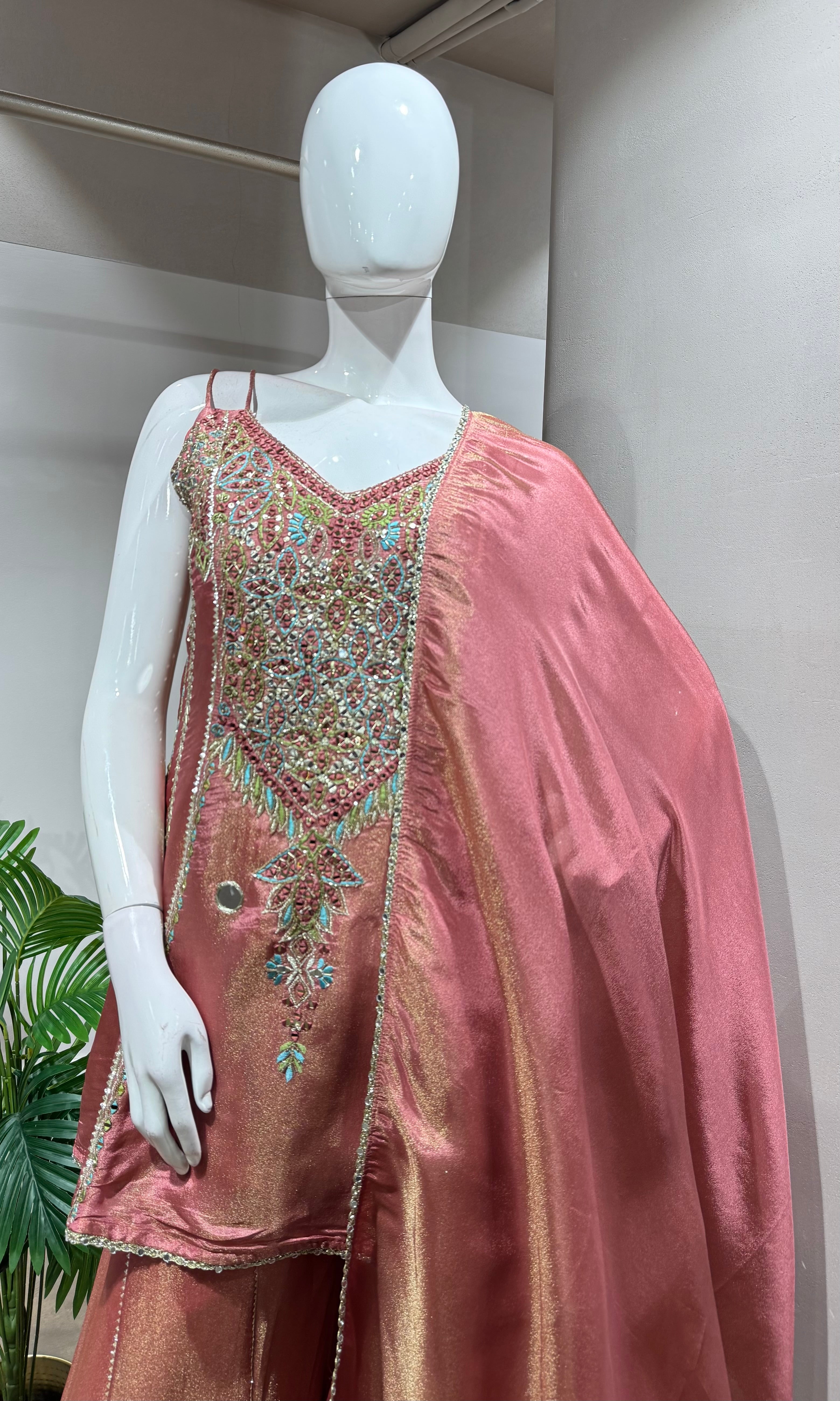 peach embroidered Tissue Sharara Set