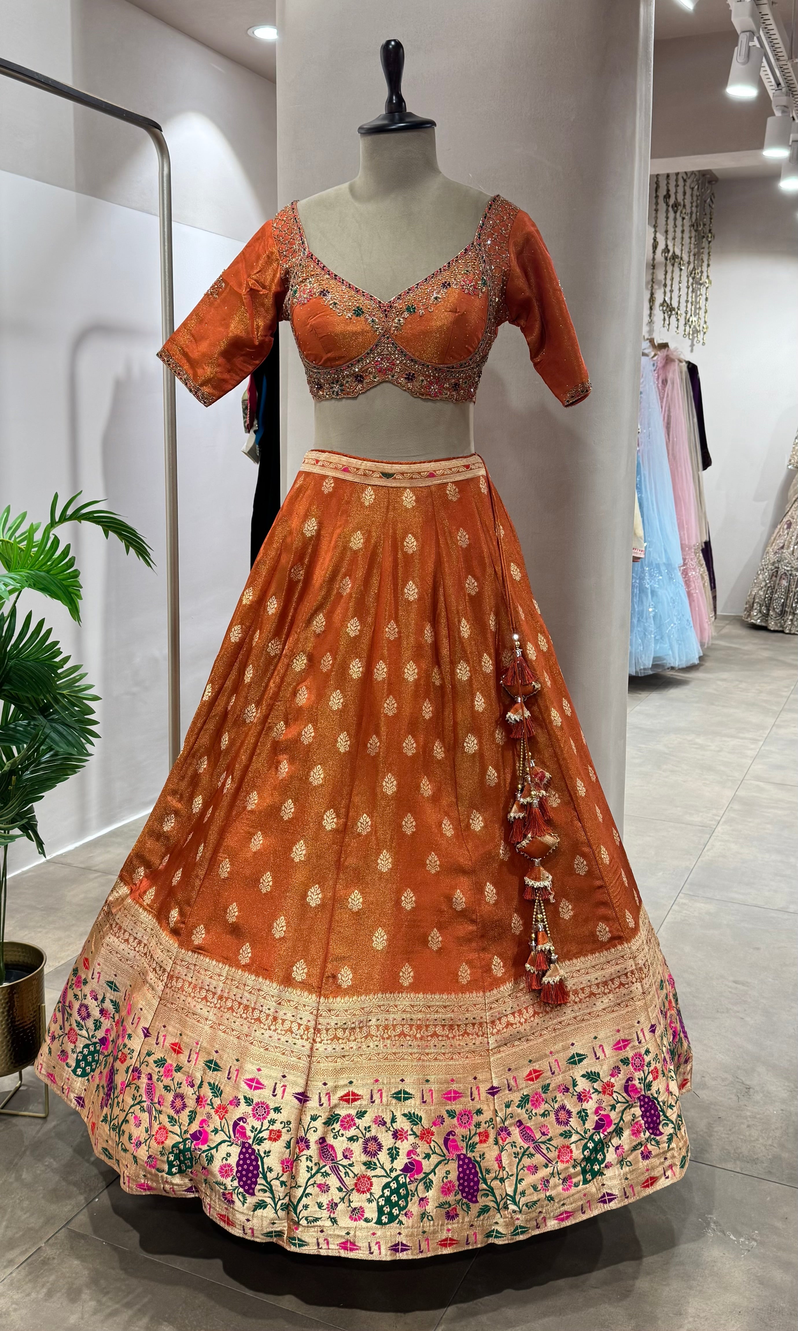 RUST BANARASI EMBROIDERED LEHENGA