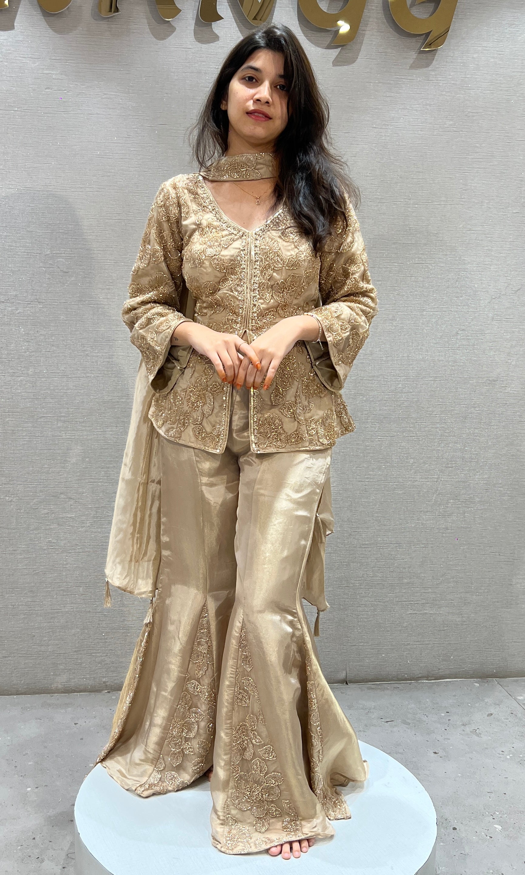 Beige and Gold Embroidered Palazzo set