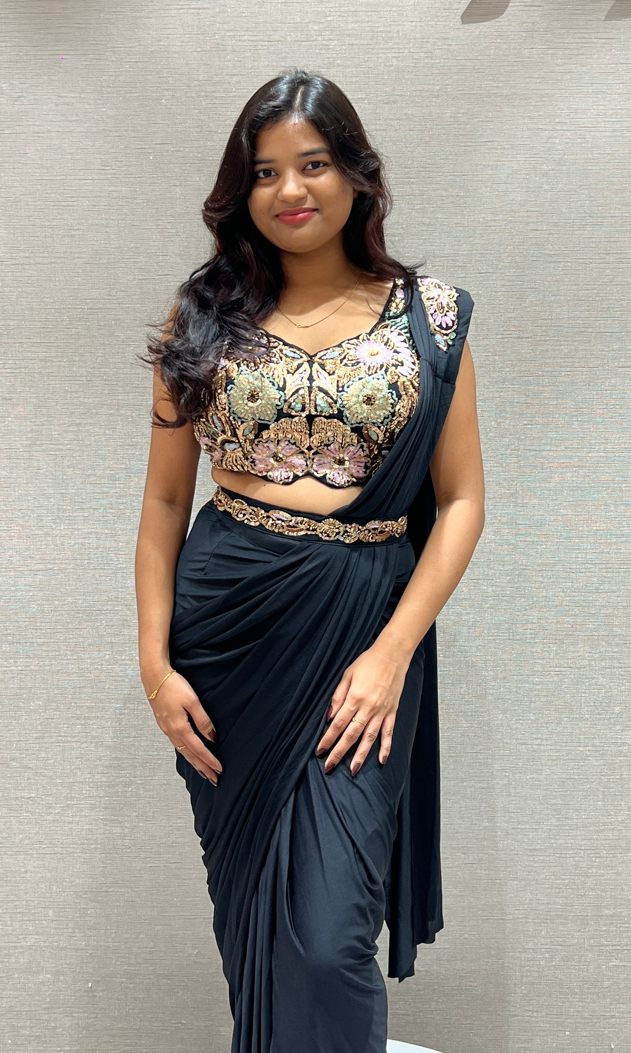 Black Drape Saree with Embroidered Net Corset