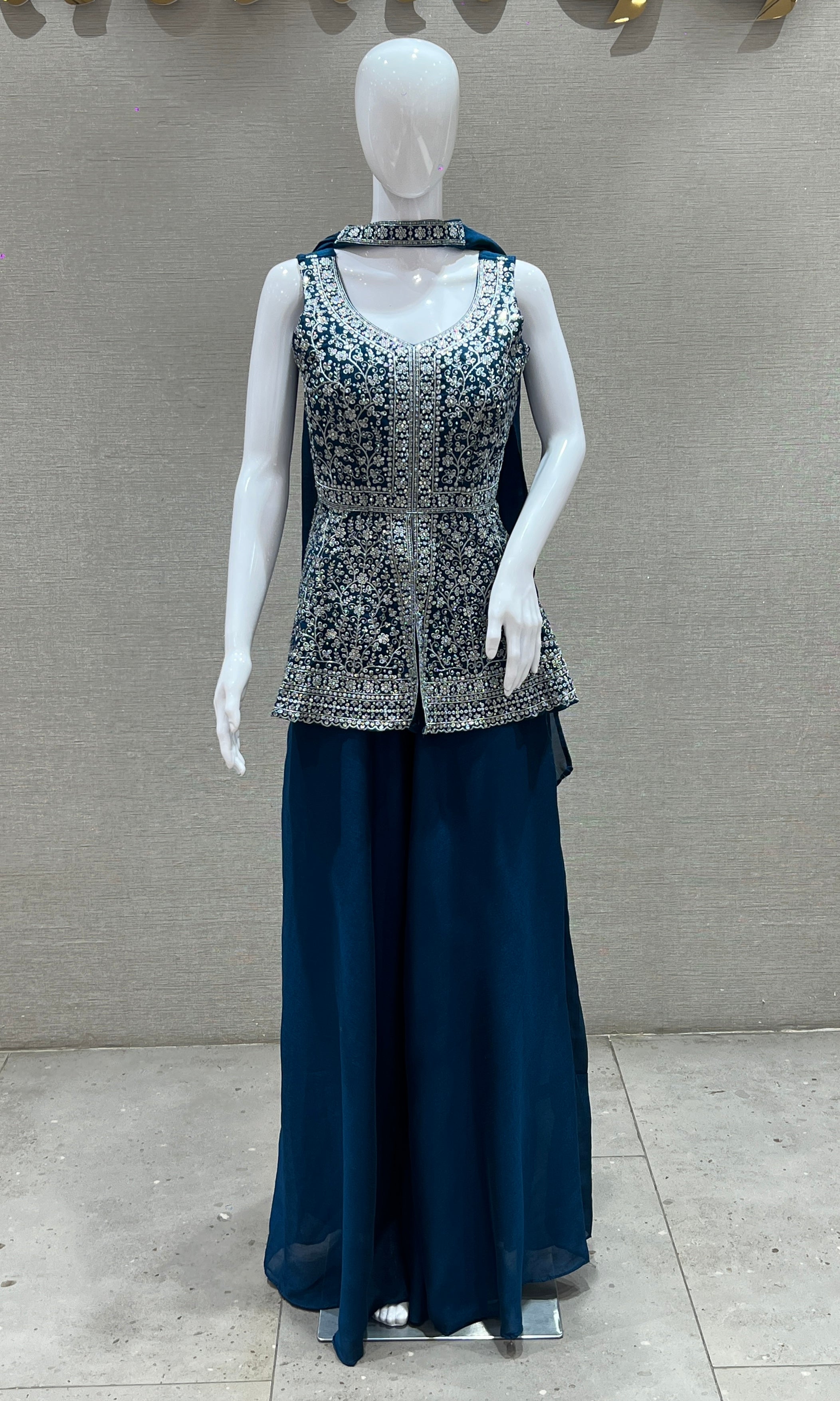 P Blue peplum top with Palazzo and neck duppata