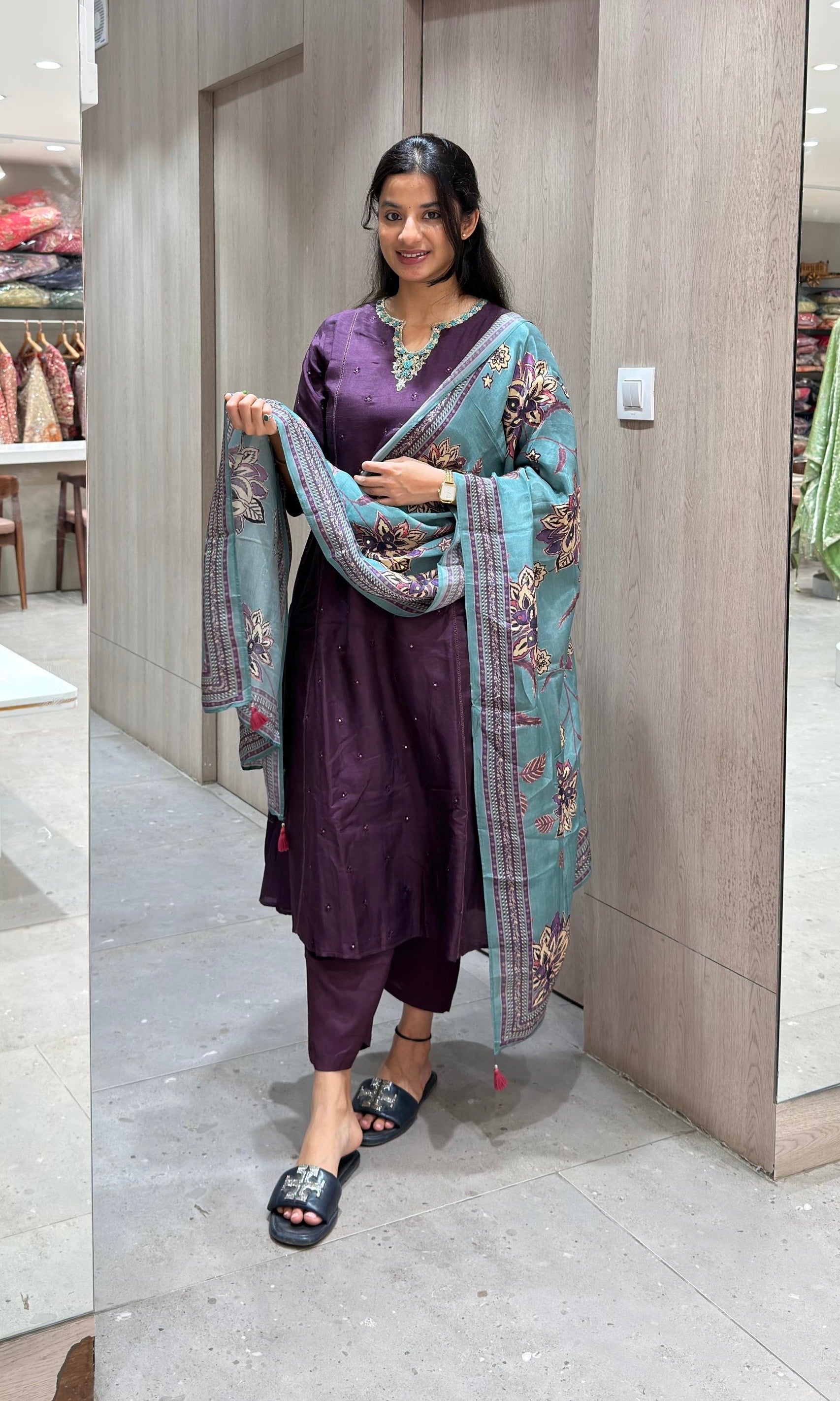 wine kurta set with floral printed dupatta