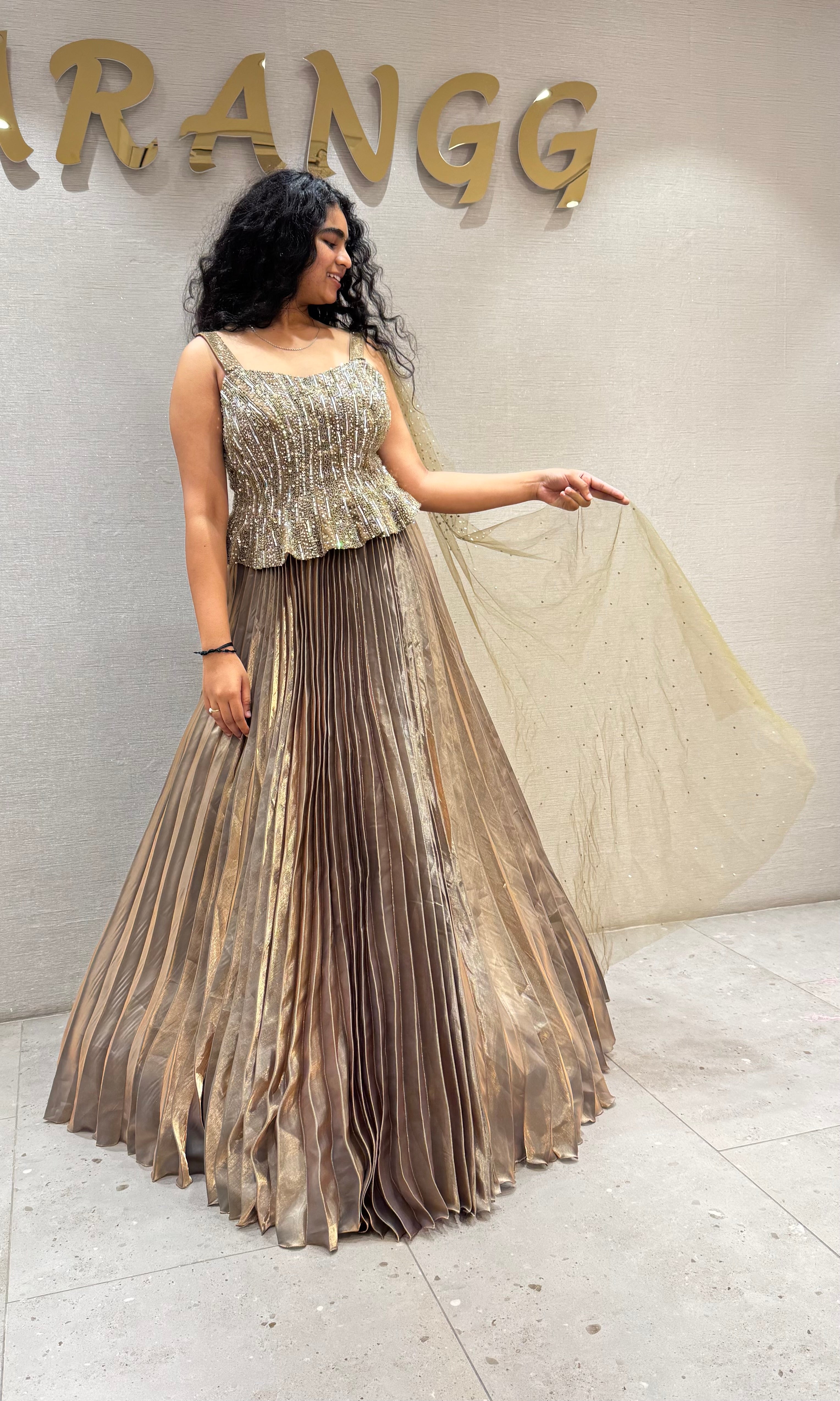 Green Golden peplum gown with cape