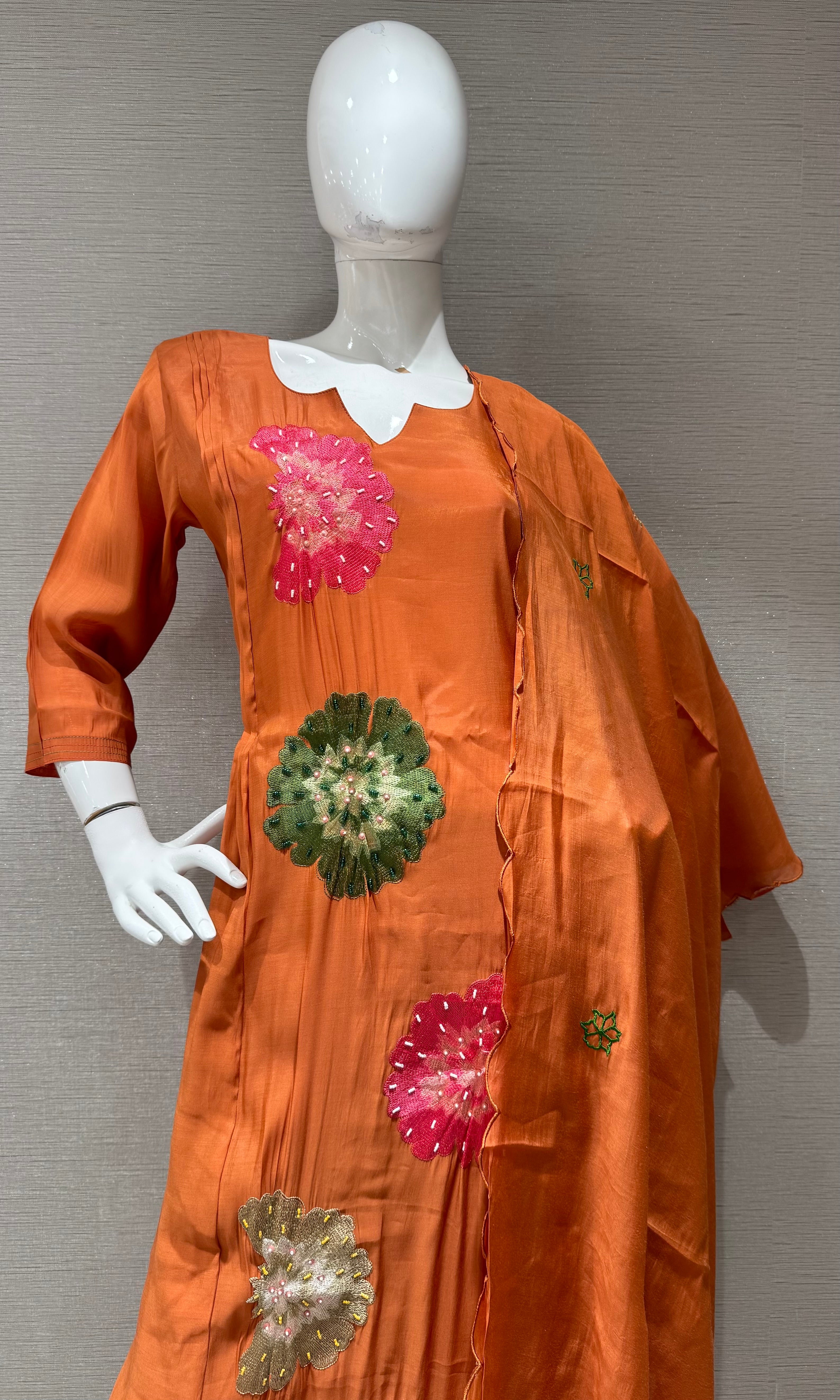 Rust cotton silk Floral Motif Kurta set with dupatta