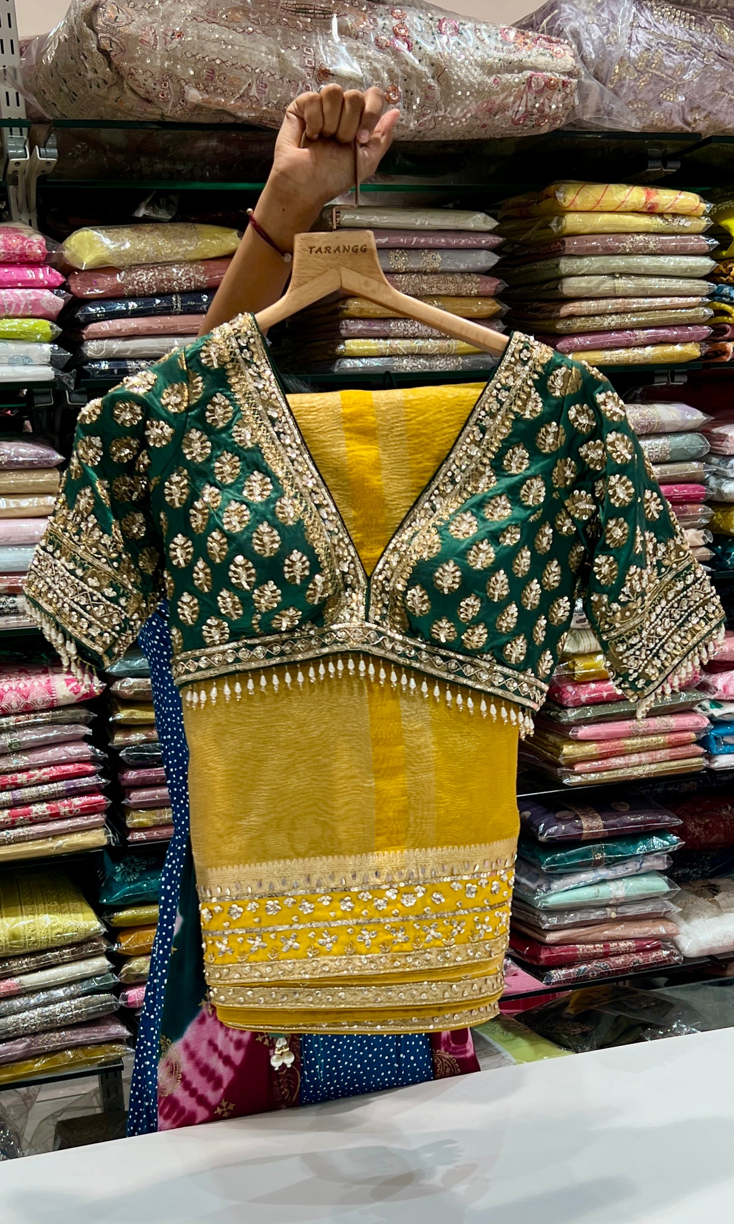 Green saree with ready blouse