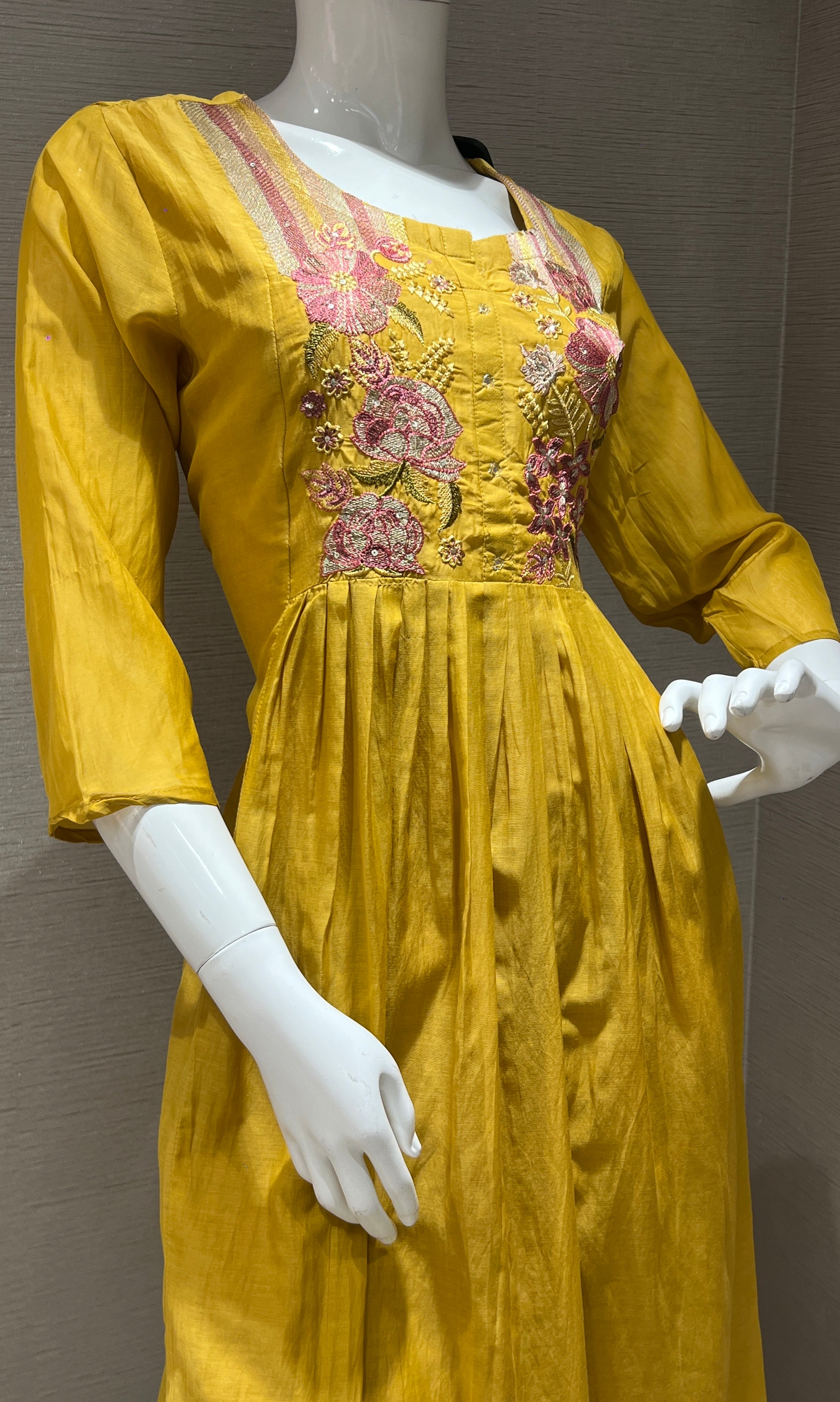 Yellow Mul Chanderi A-line  Kurta set