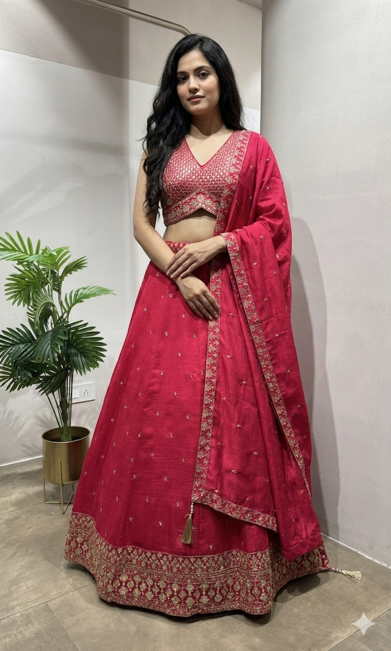 Rani Pink Raw Silk Embroidered Lehenga Set
