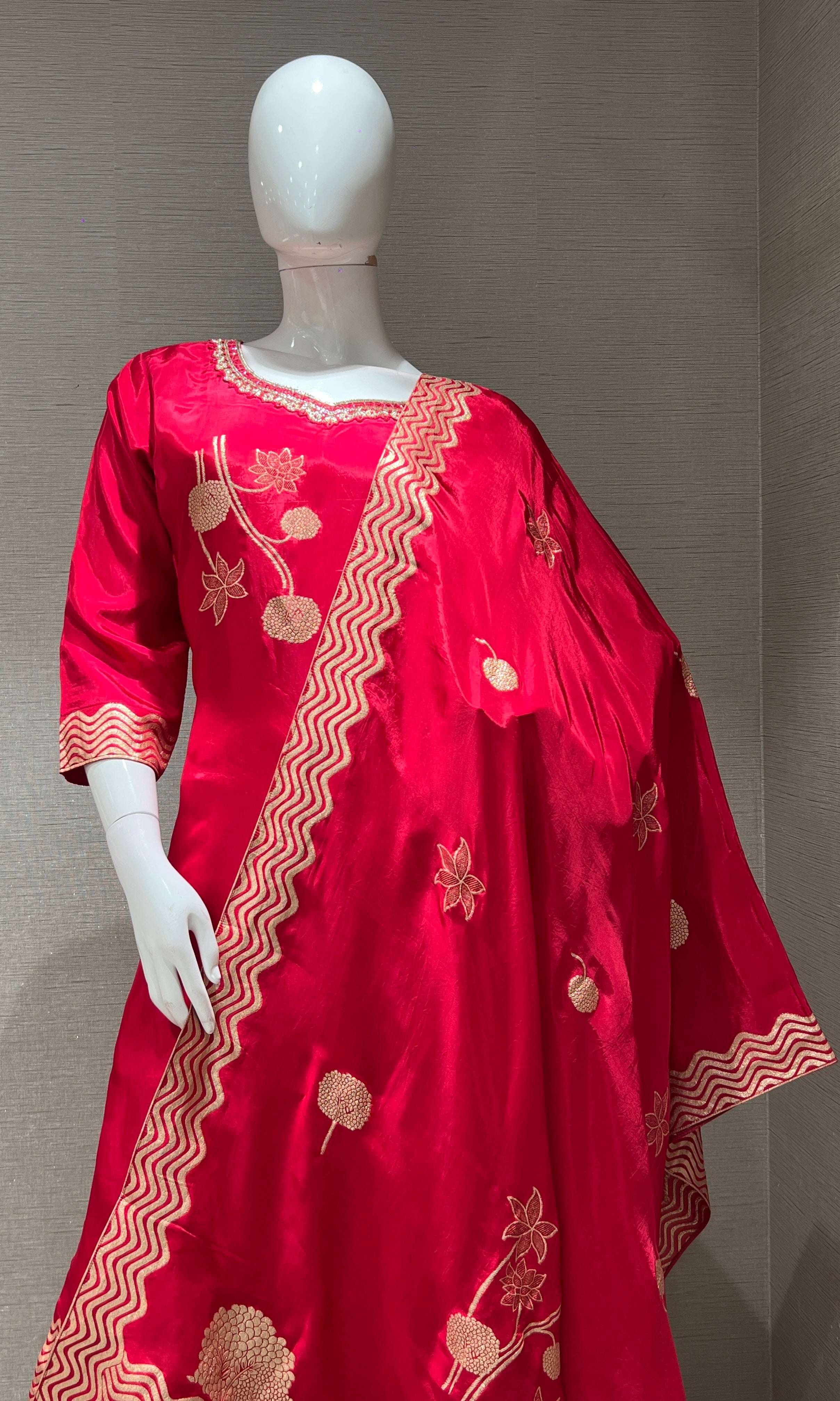 Rani Pink golden embroidered kurta set