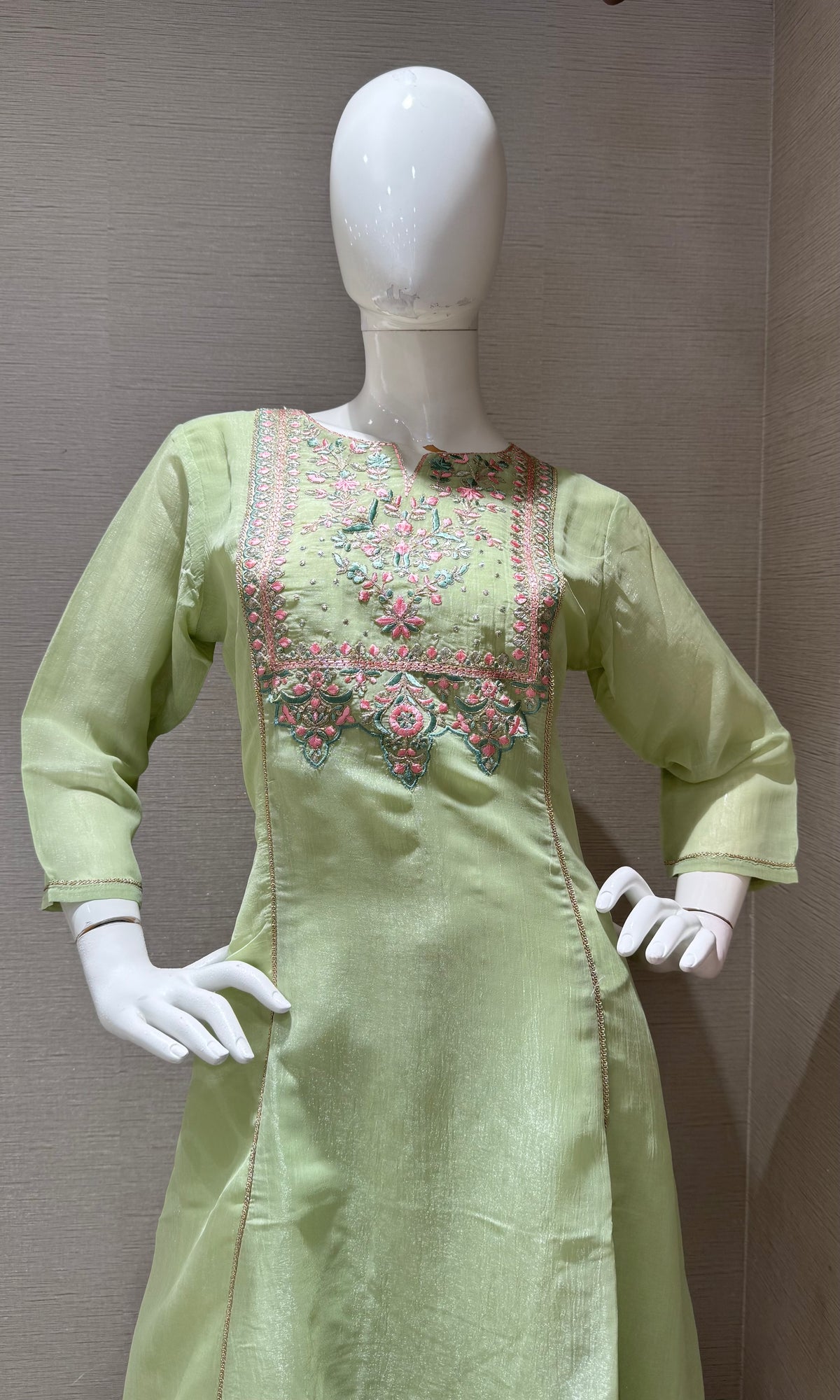 Pastel Green Floral Embroidered A-Line Kurta top