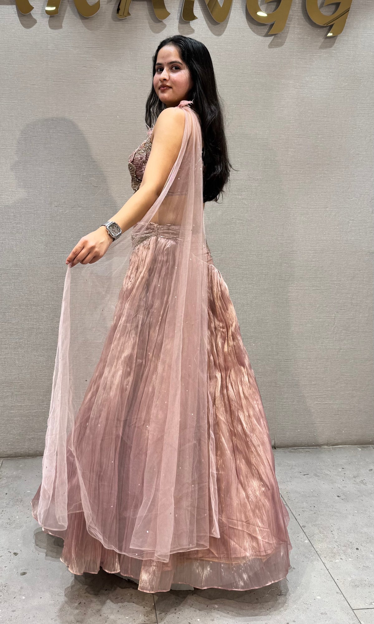 Blush Pink Embellished Tissue Lehenga Set
