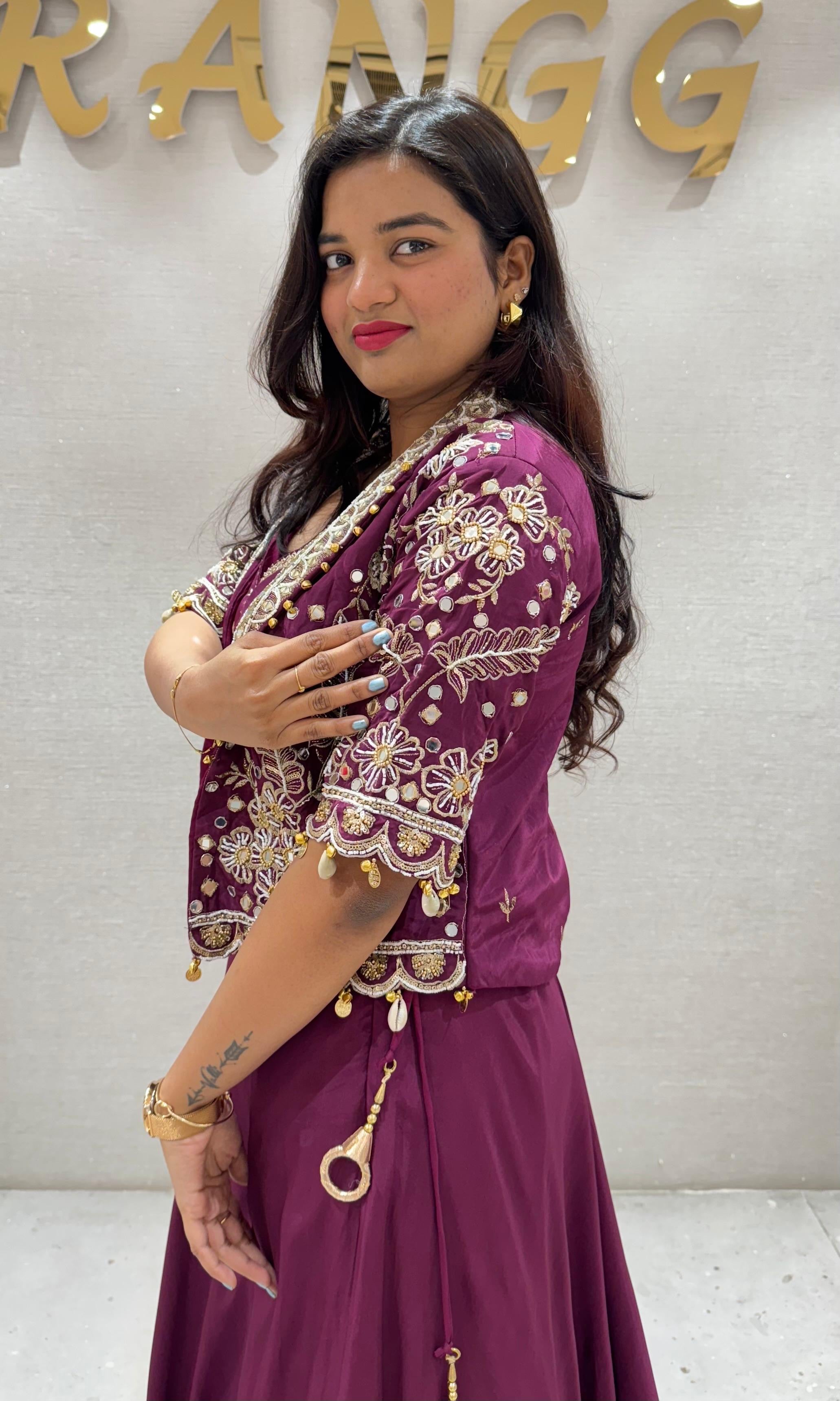 Wine Lehenga with Embellished Crop Jacket