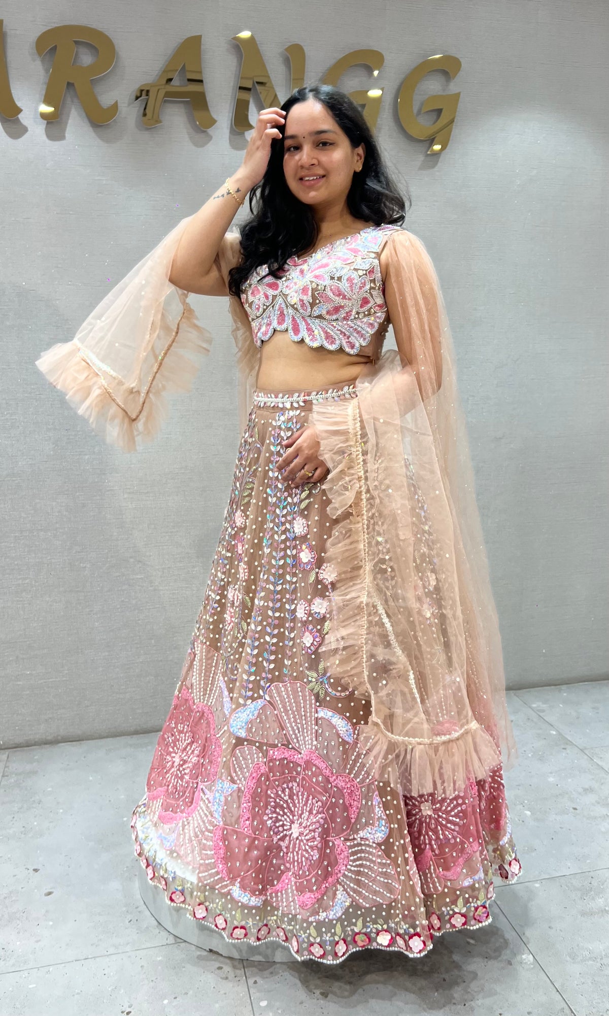 Moee Pink Floral Sequins and Beads Lehenga set
