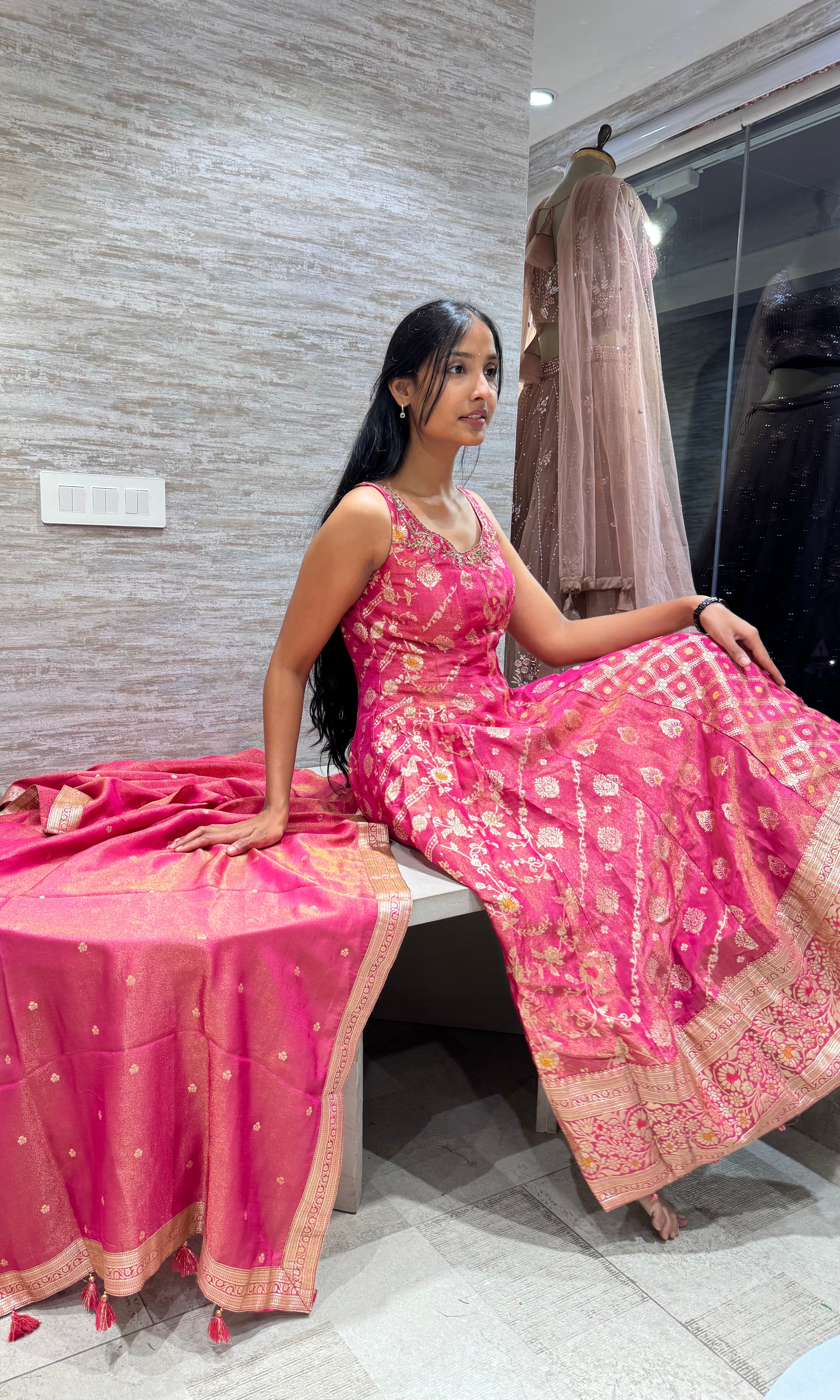 pink banarasi anarkali sharara set