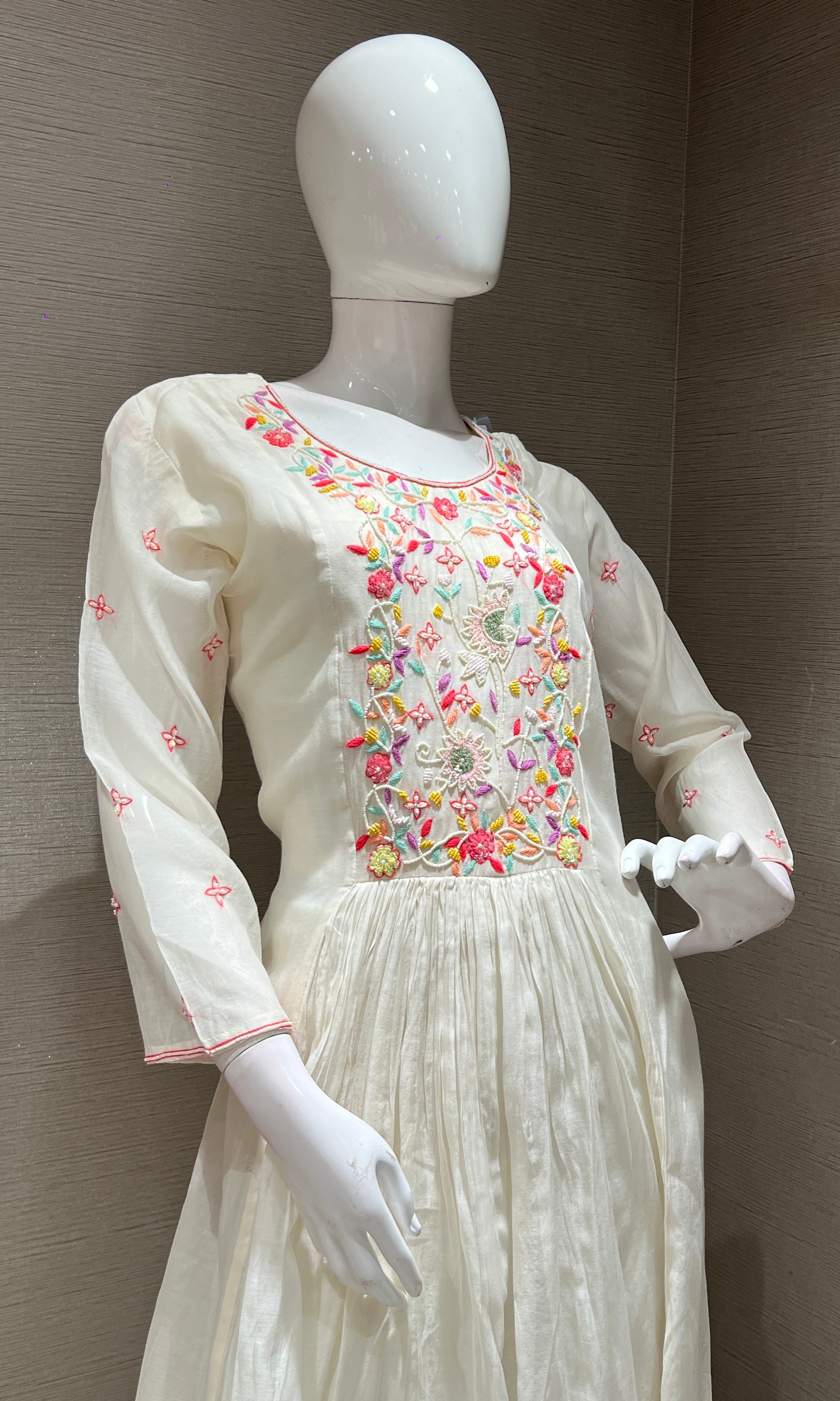 Half white floral bead work mul chanderi kurta set