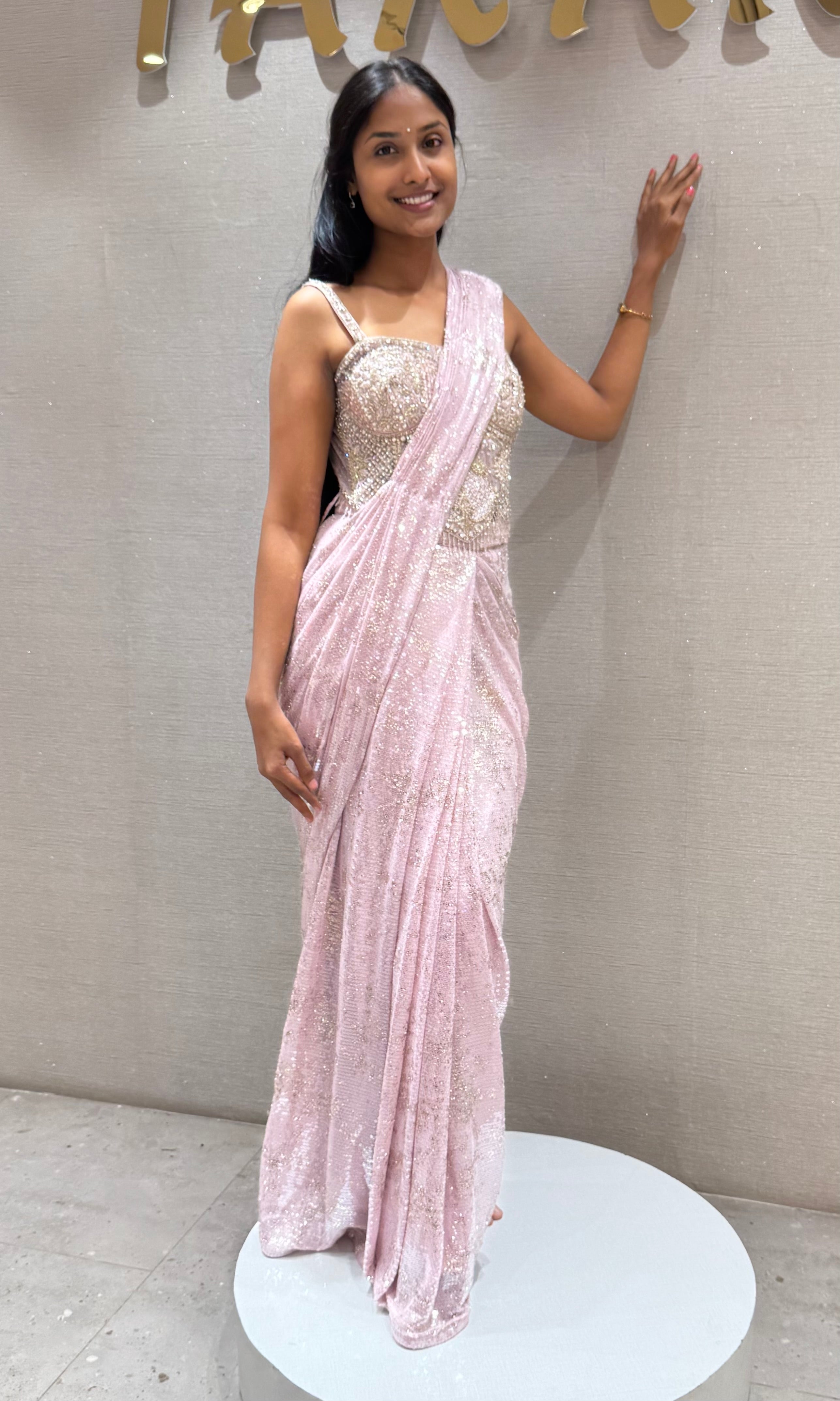 Baby Pink Embellished Drapee Saree with Corset Bustier
